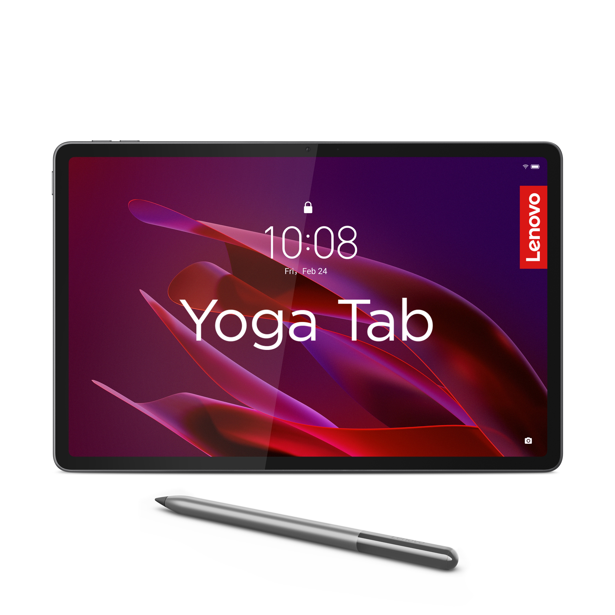 Ein Lenovo Yoga Tab mit Stift, das auf einem weißen Hintergrund liegt. Der Bildschirm zeigt die Uhrzeit 10:08.