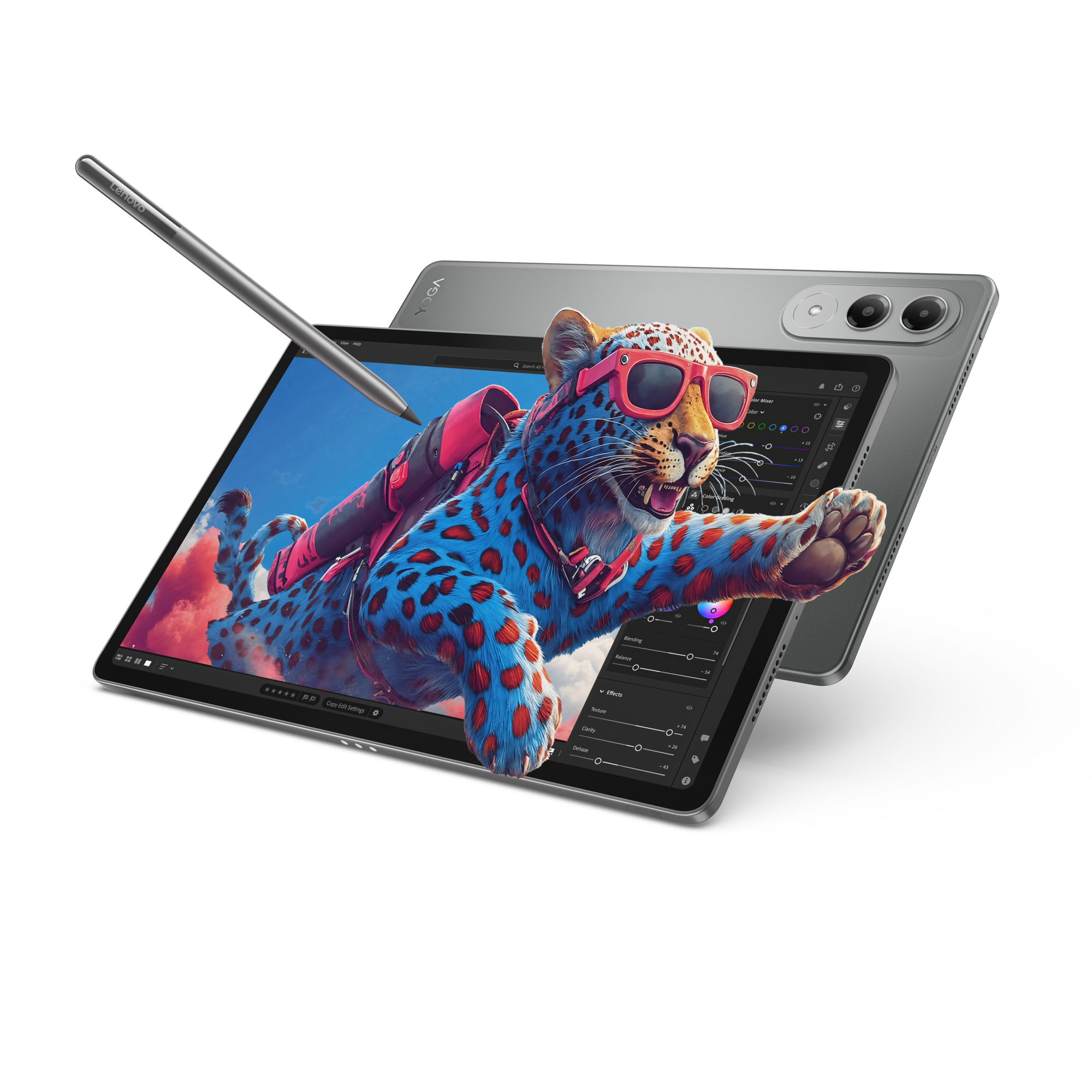 Ein Leopard mit Sonnenbrille fliegt, auf einem Tablet mit Bearbeitungssoftware.