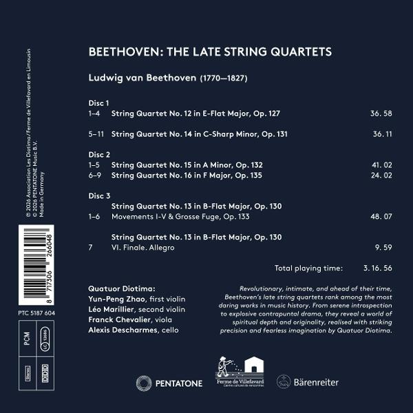 CD-Cover mit Werkliste von Beethovens späten Streichquartetten.