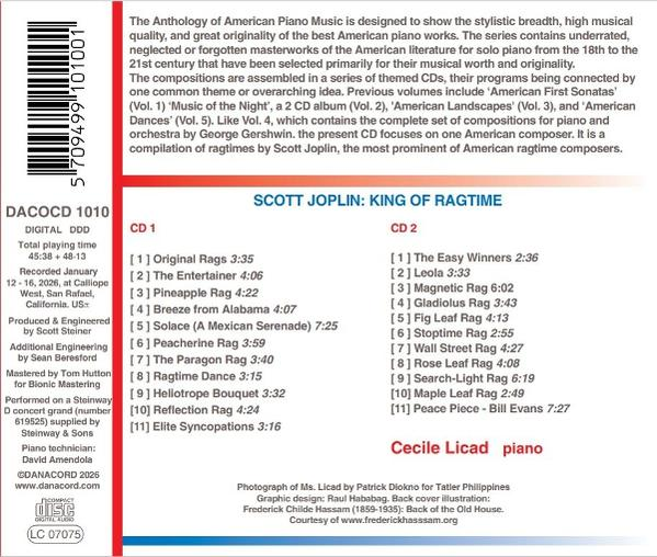CD-Cover mit Tracklisten für Scott Joplin, King of Ragtime, und Cecile Licad, Klavier.