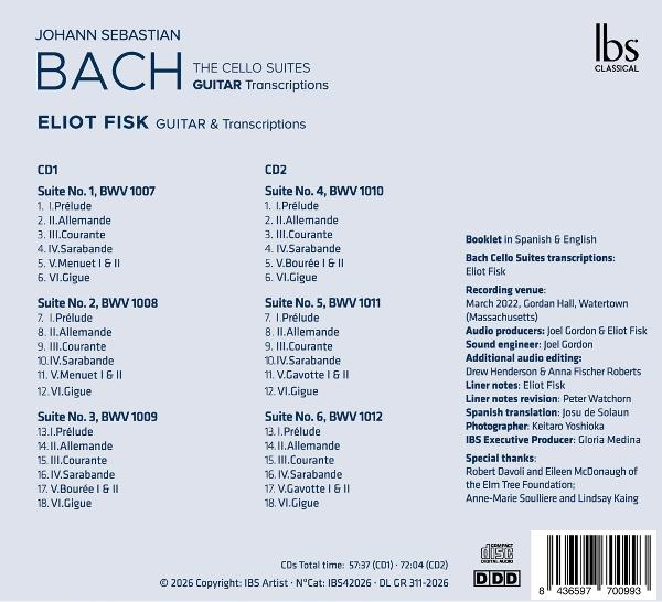 Titelseite von Bachs Cellosuiten-Transkriptionen für Gitarre von Eliot Fisk.