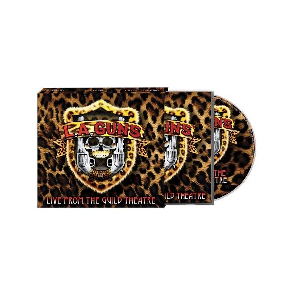 LA Guns Live CD/DVD Hülle mit Leopardenmuster, Totenkopf und Gewehren.