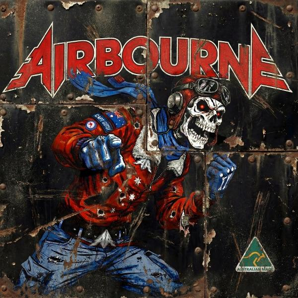Ein Totenkopf mit Fliegerhelm zeigt auf den Betrachter. Airbourne-Logo oben.