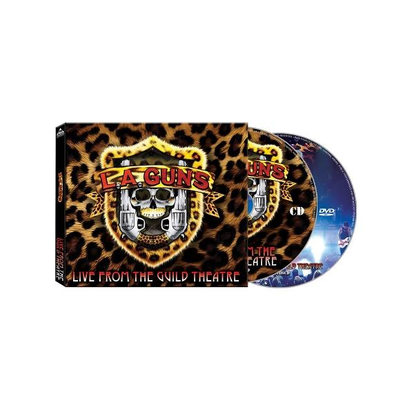 LA Guns DVD und CD mit Leopardenmuster-Cover, Totenkopf und Gewehren.