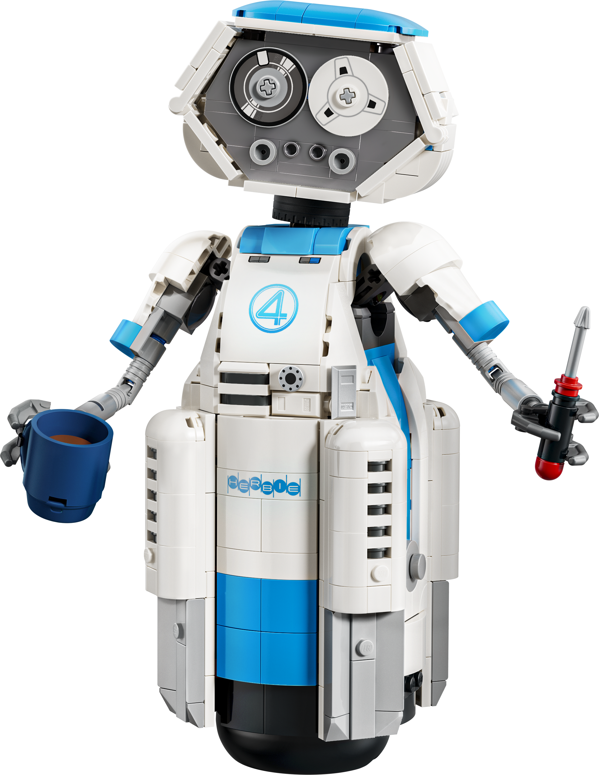 Ein weißer und blauer Lego-Roboter mit einem Schraubendreher und einer Tasse mit brauner Flüssigkeit.