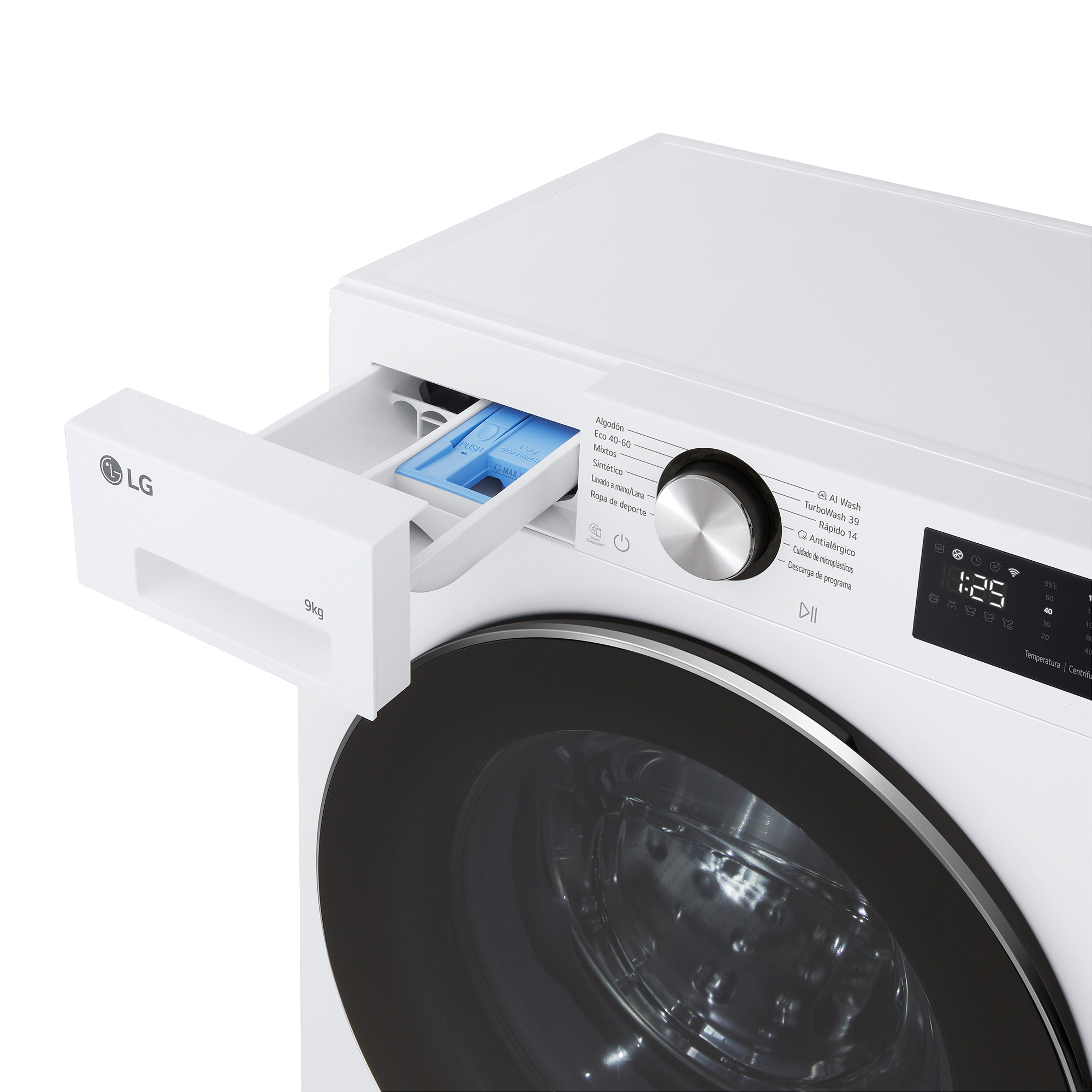 Una lavadora blanca LG con cajón de detergente abierto y panel de control.
