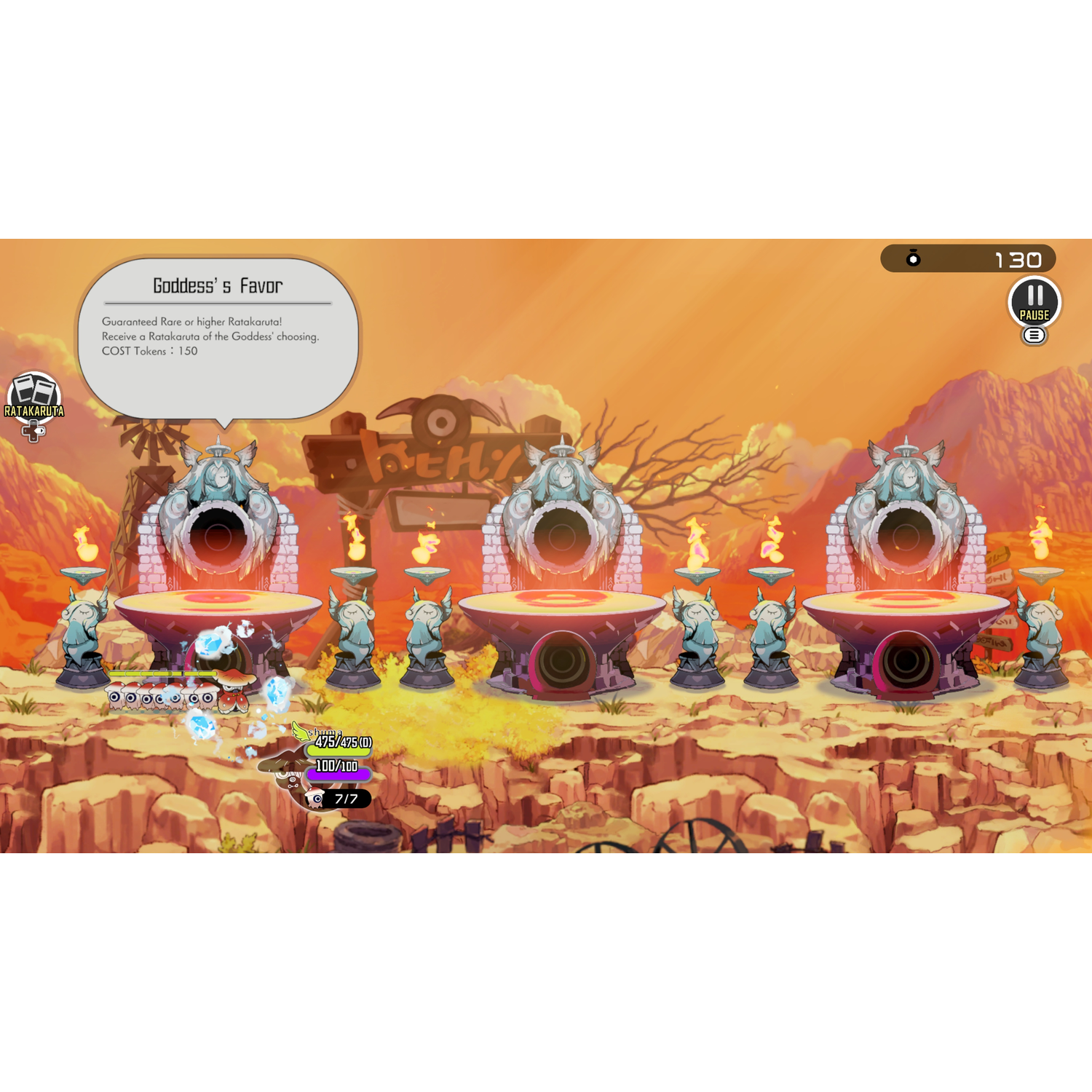 Videogame-scène met beelden en gebruikersinterface, oranje hemel.