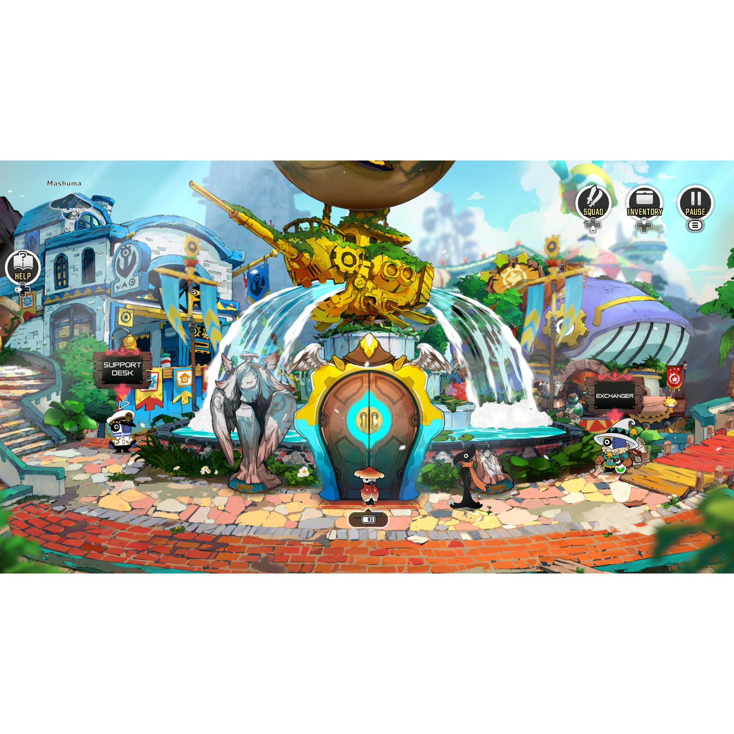 A fantasy world with characters, buildings, and a fountain.