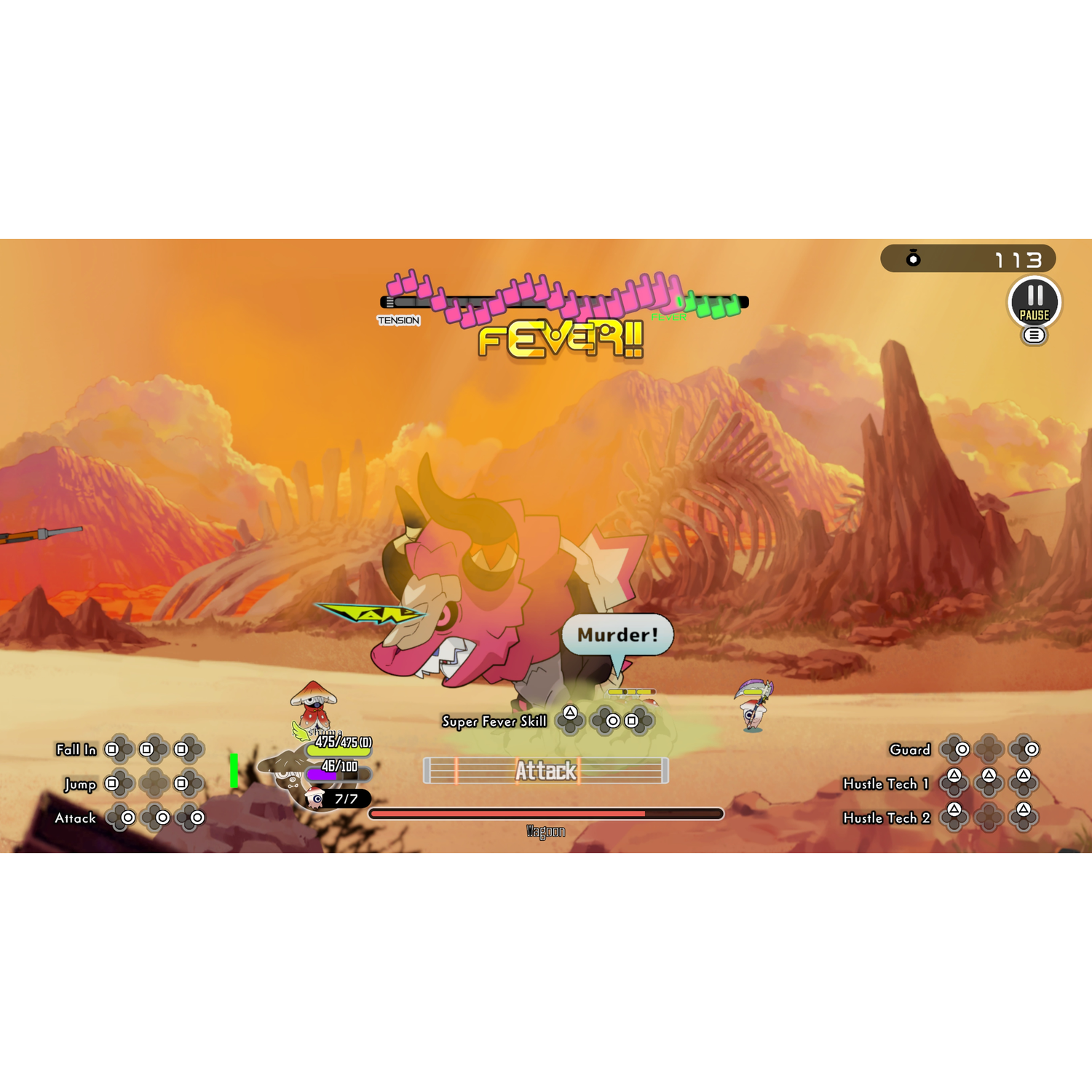 A pink monster with horns battles in a desert landscape with bones.