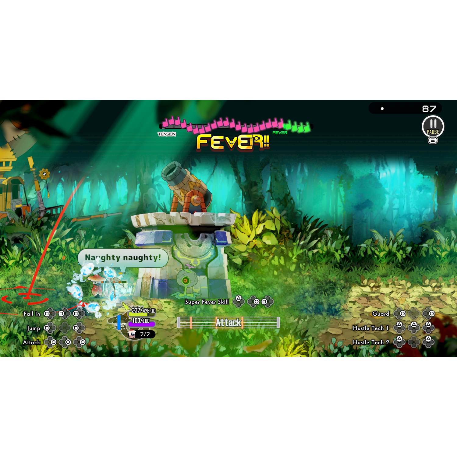 A cartoon game screen with a jungle setting, enemy, and UI elements.