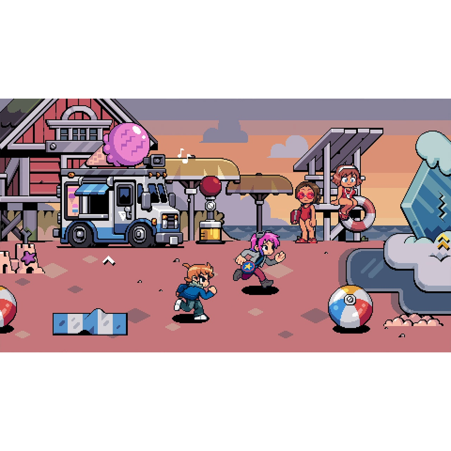 Pixel art strandscène met ijscowagen, kinderen en reddingszwemmers.