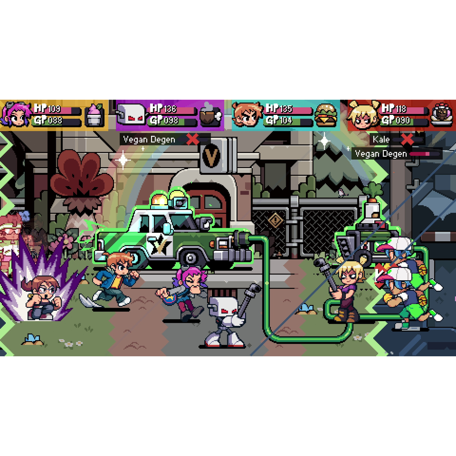 Pixel art: Personages vechten bij een groen voertuig, een robot en vijanden.