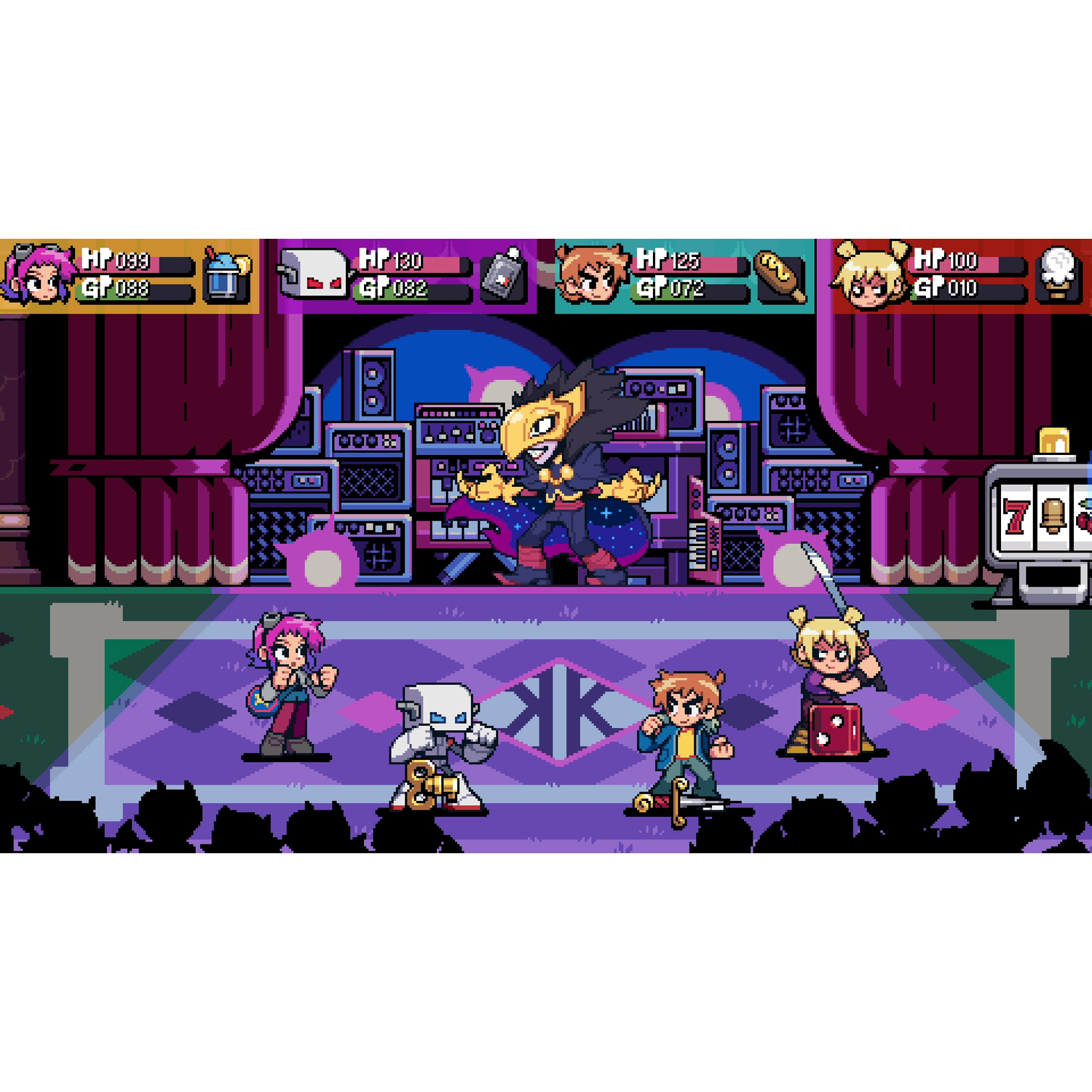Pixelkarakters op een podium met muziekapparatuur en publiek.