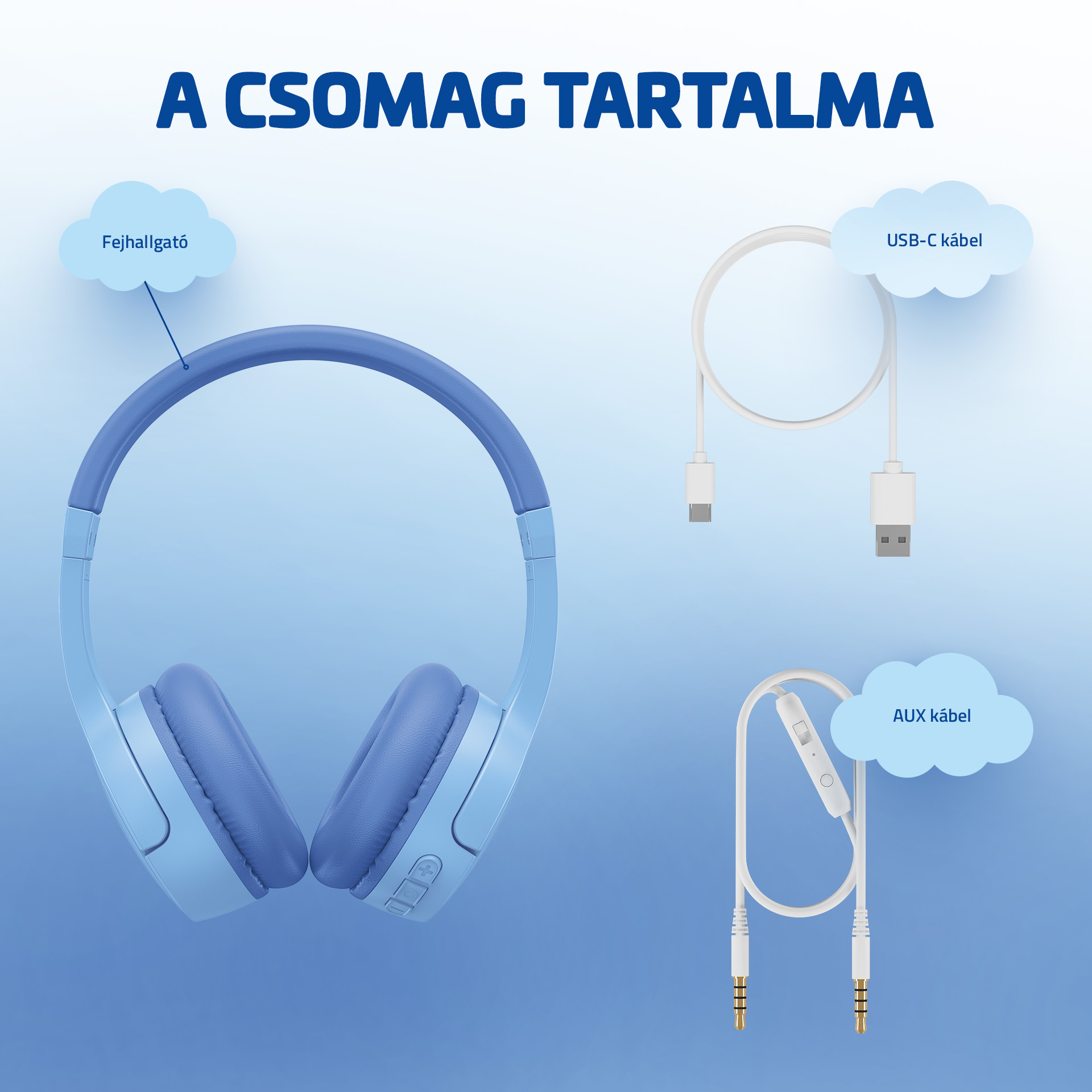 Kék fejhallgató USB-C és AUX kábellel, kék háttéren.