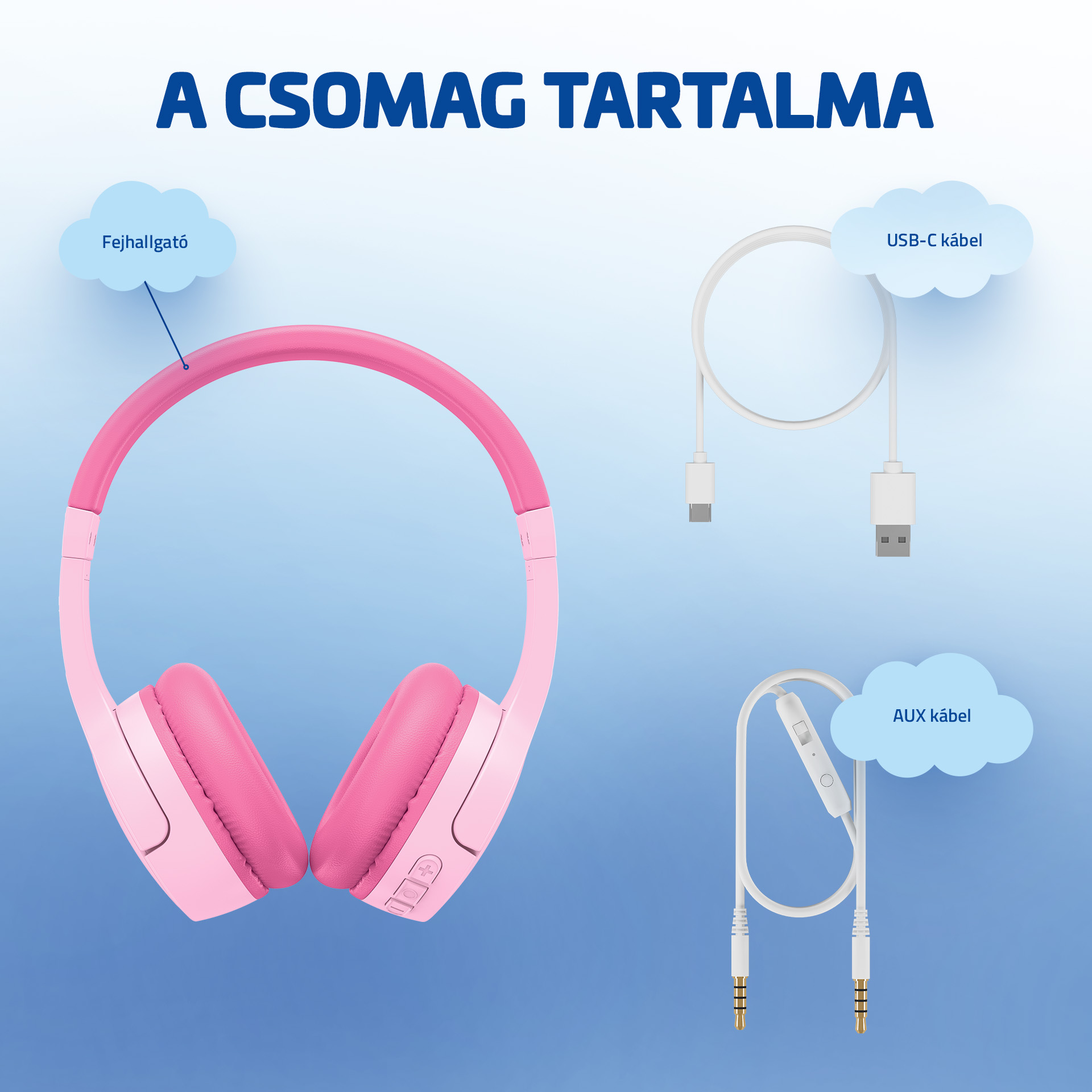 Egy rózsaszín fejhallgató USB-C és AUX kábellel.