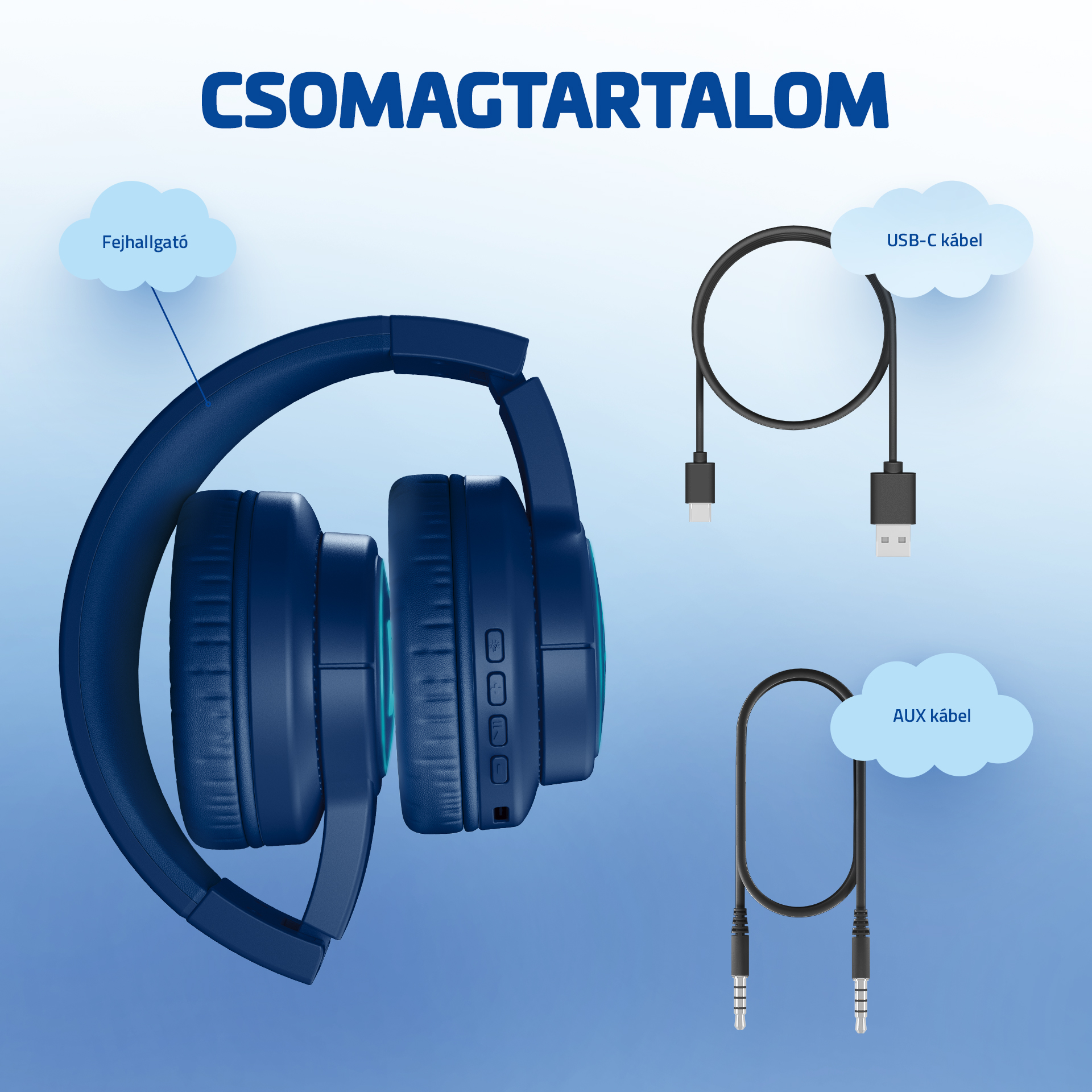Sötétkék fejhallgató USB-C és AUX kábelekkel kék háttéren.