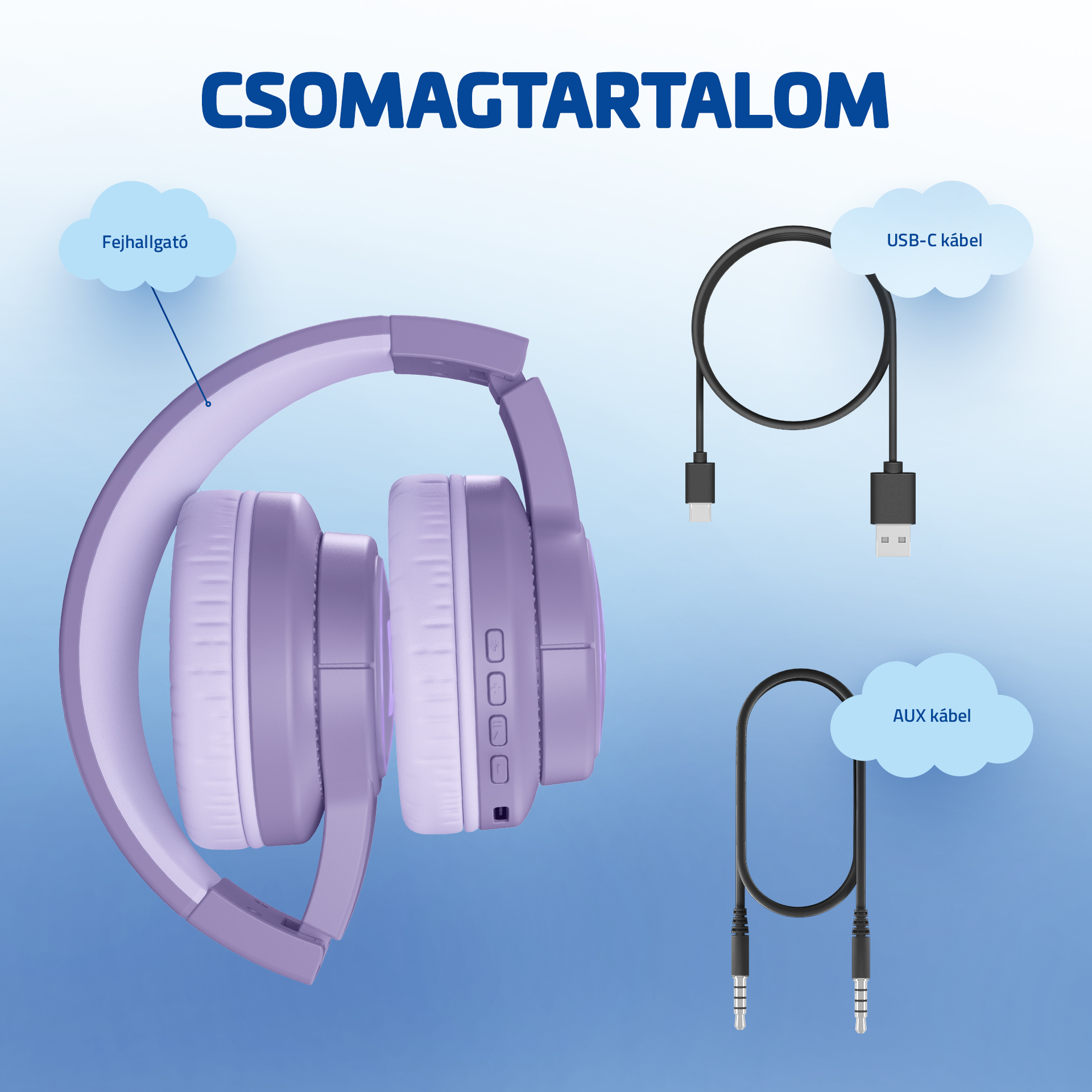 Lila fejhallgató USB-C és AUX kábelekkel kék háttéren.