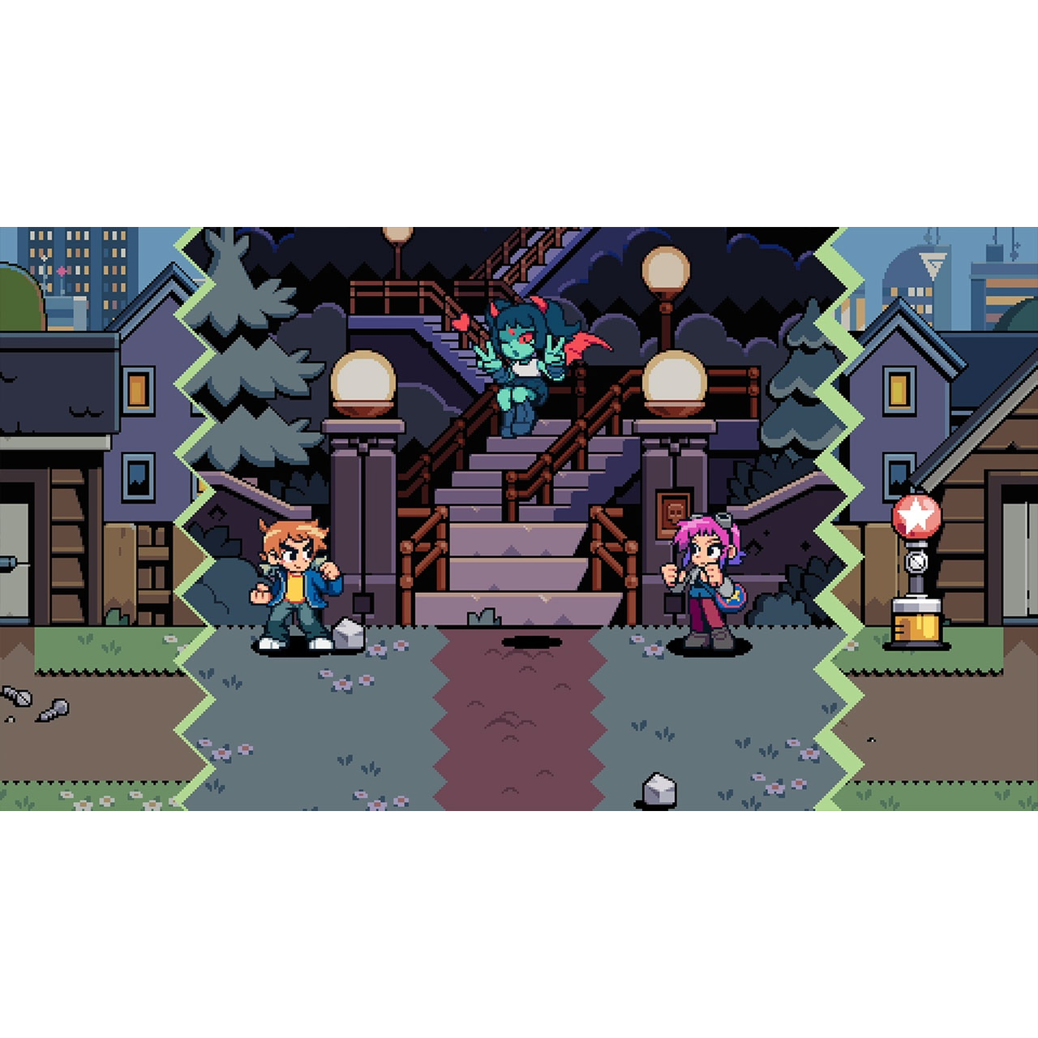 Pixel-art scène met drie personages: een jongen, een meisje en een demonin op een trap.