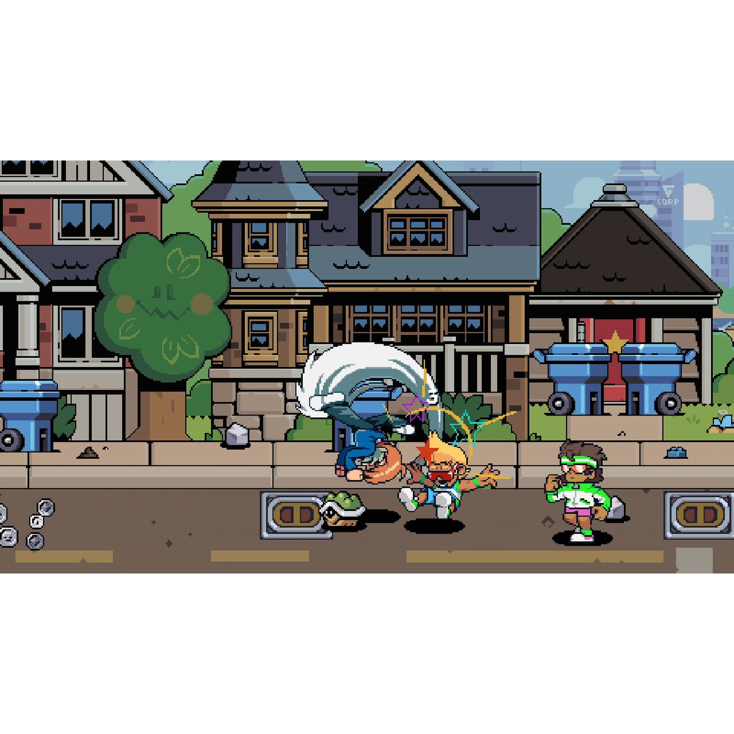 Pixel-personages vechten op straat voor huizen met bomen en vuilnisbakken.