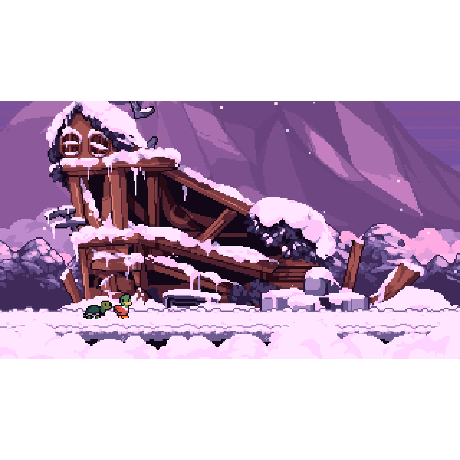 Pixel art besneeuwde scène met een kapotte houten hut en twee personages.