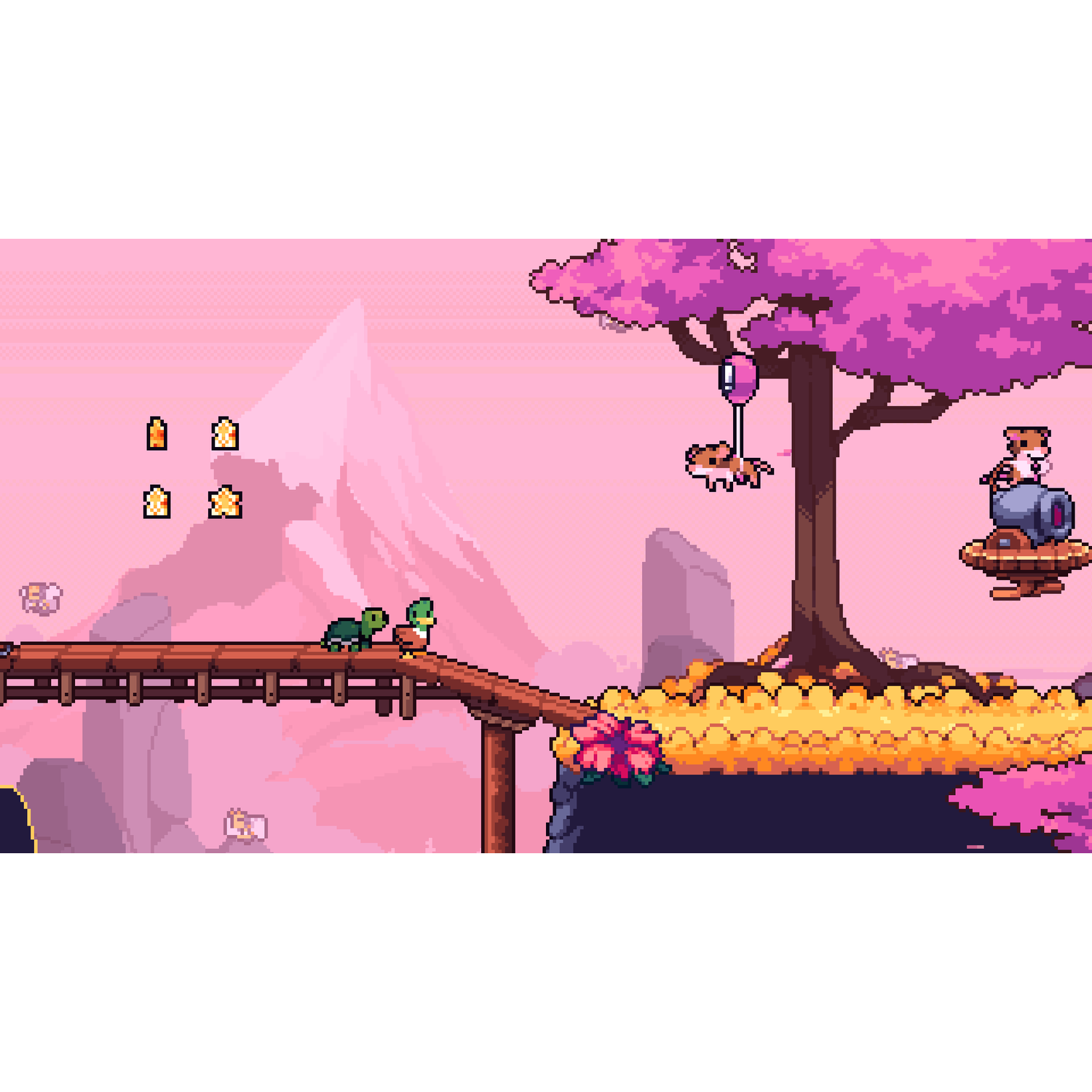 Pixel art scène met hamsters en eenden op een houten brug.