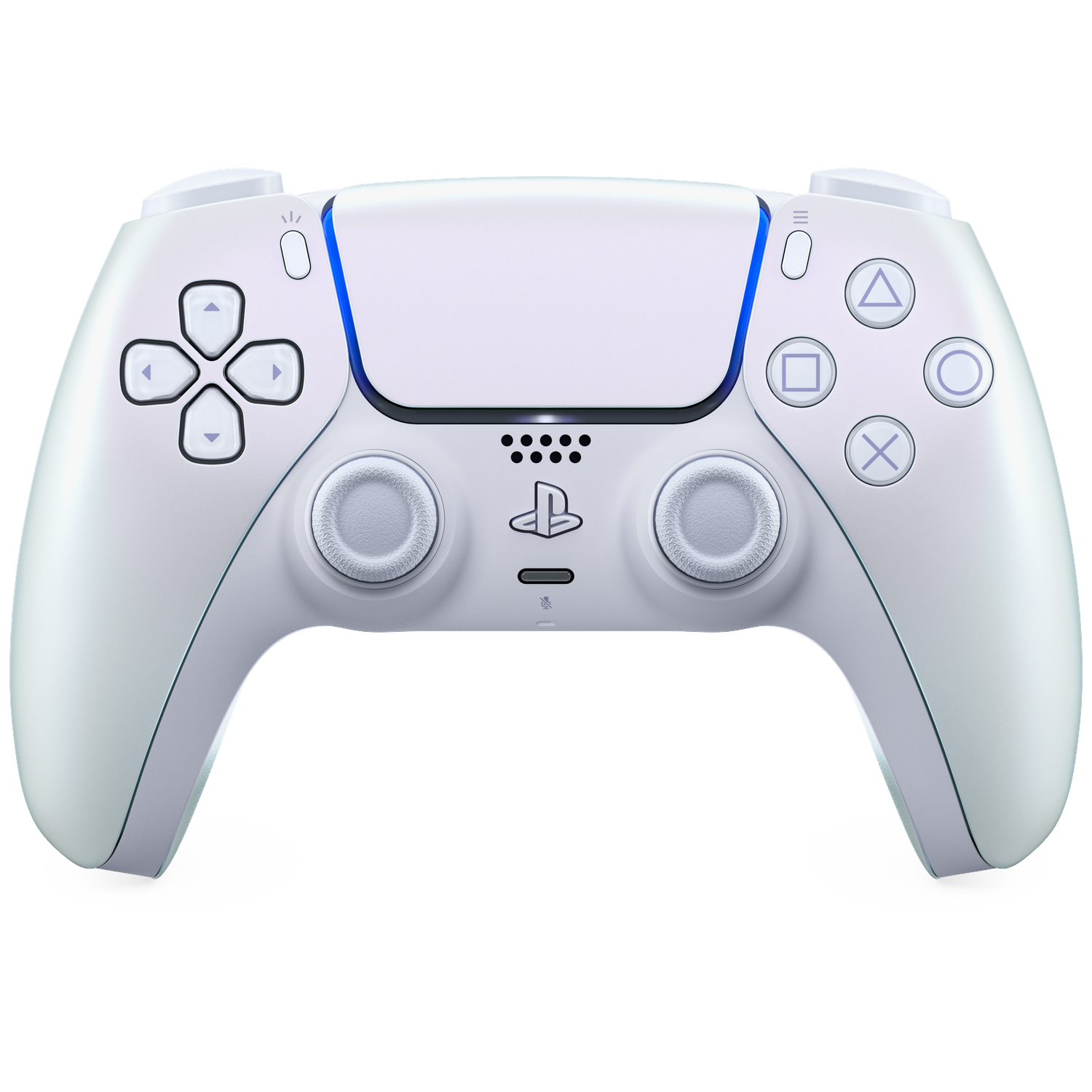 Een witte PlayStation 5 controller met zwarte knoppen en blauwe accenten.