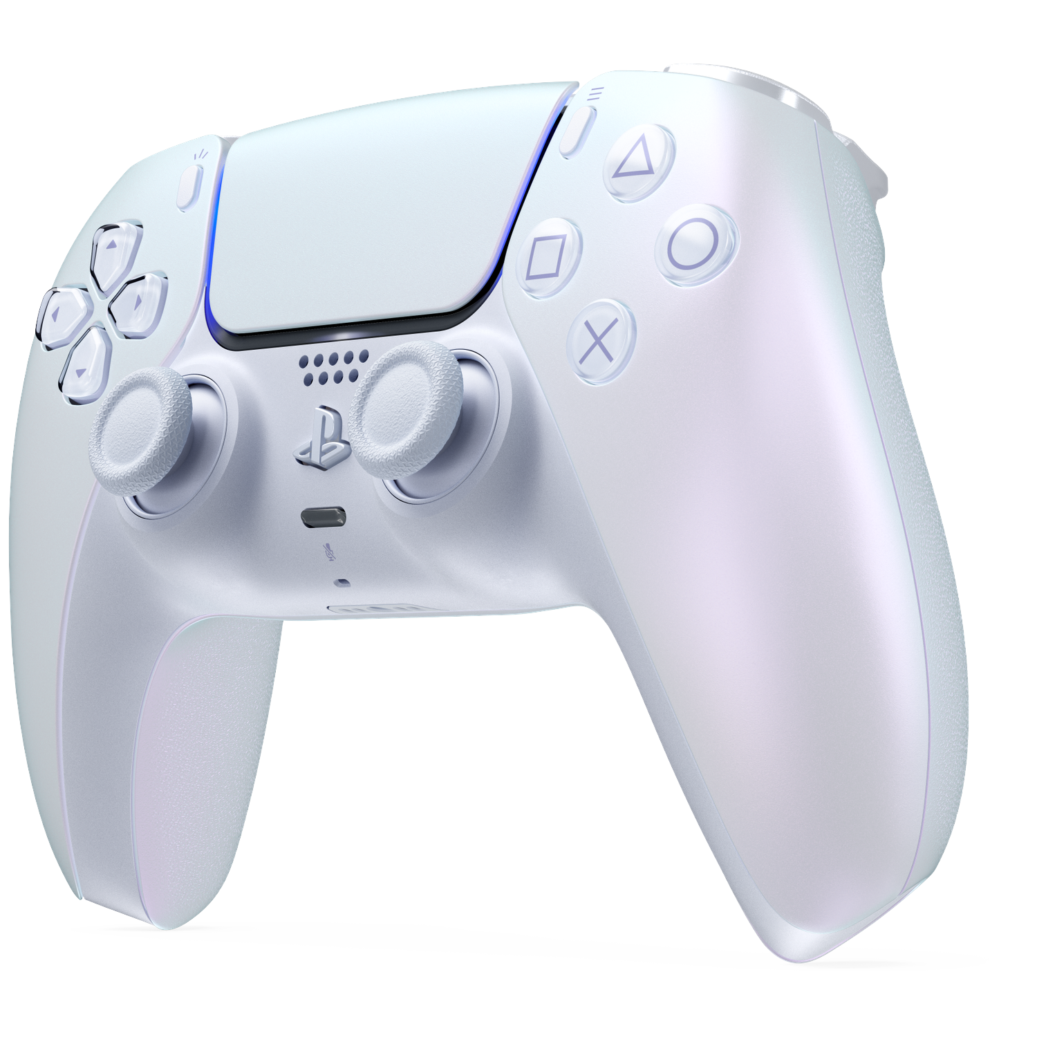 Een witte, iriserende controller met zwarte knoppen en symbolen.
