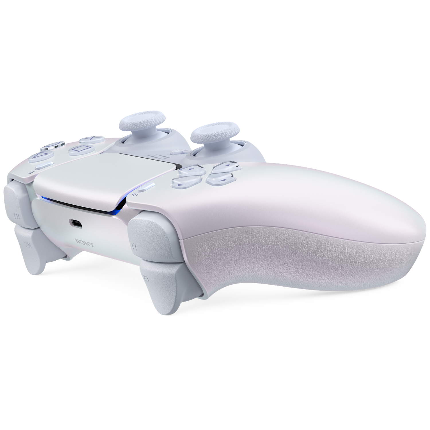 Een witte controller met twee joysticks en knoppen, op zwarte achtergrond.