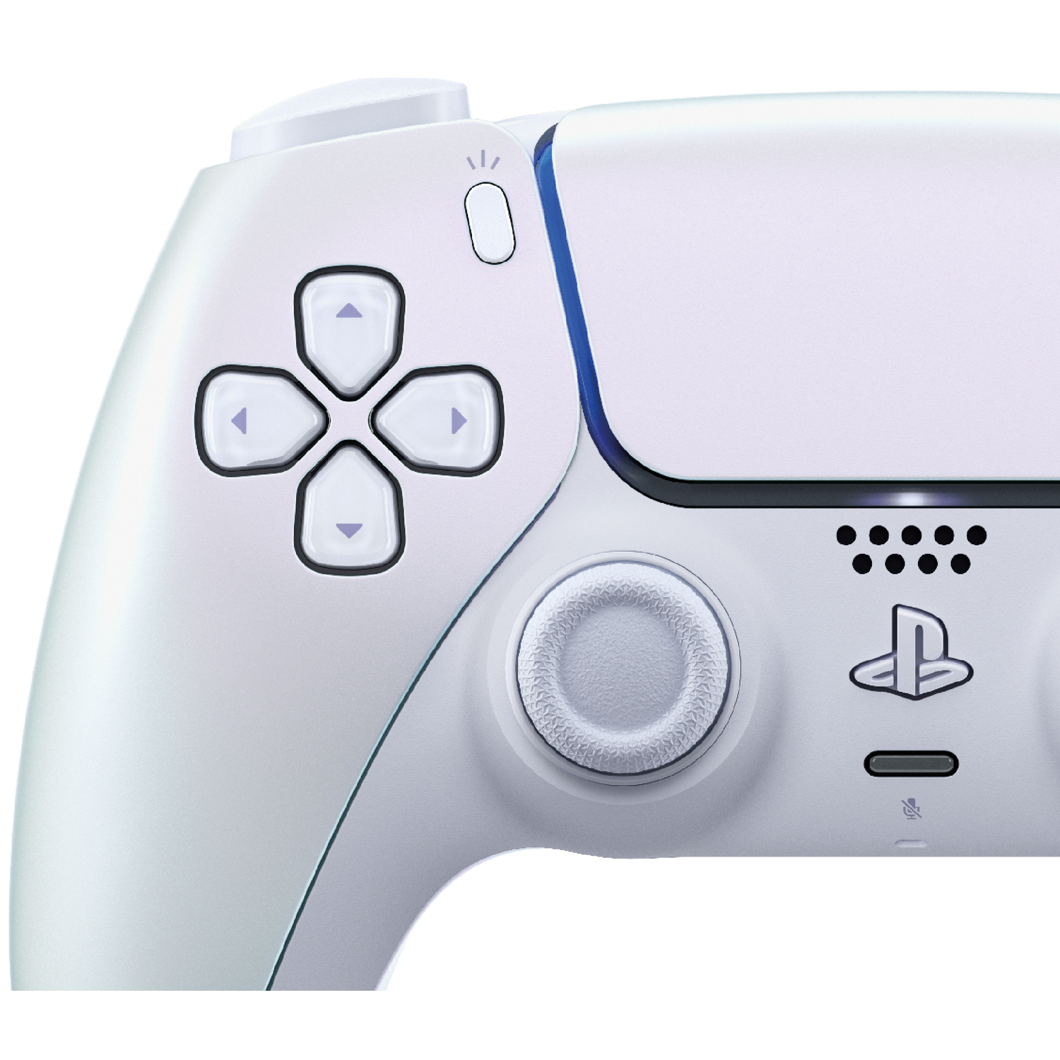 Een witte gamecontroller met D-pad, analoge stick en PlayStation-logo.