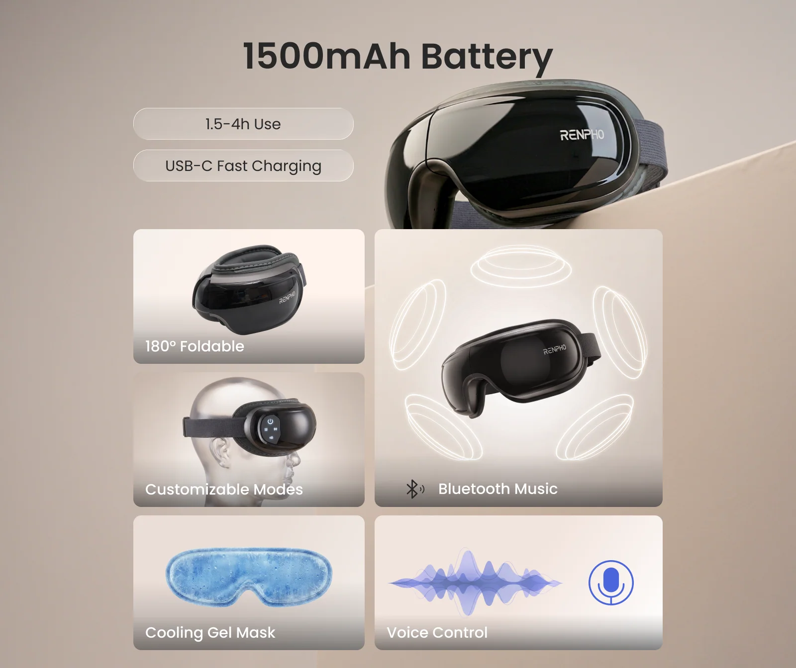 Fekete szemmasszírozó 1500 mAh akkumulátorral, 180°-ban összecsukható.