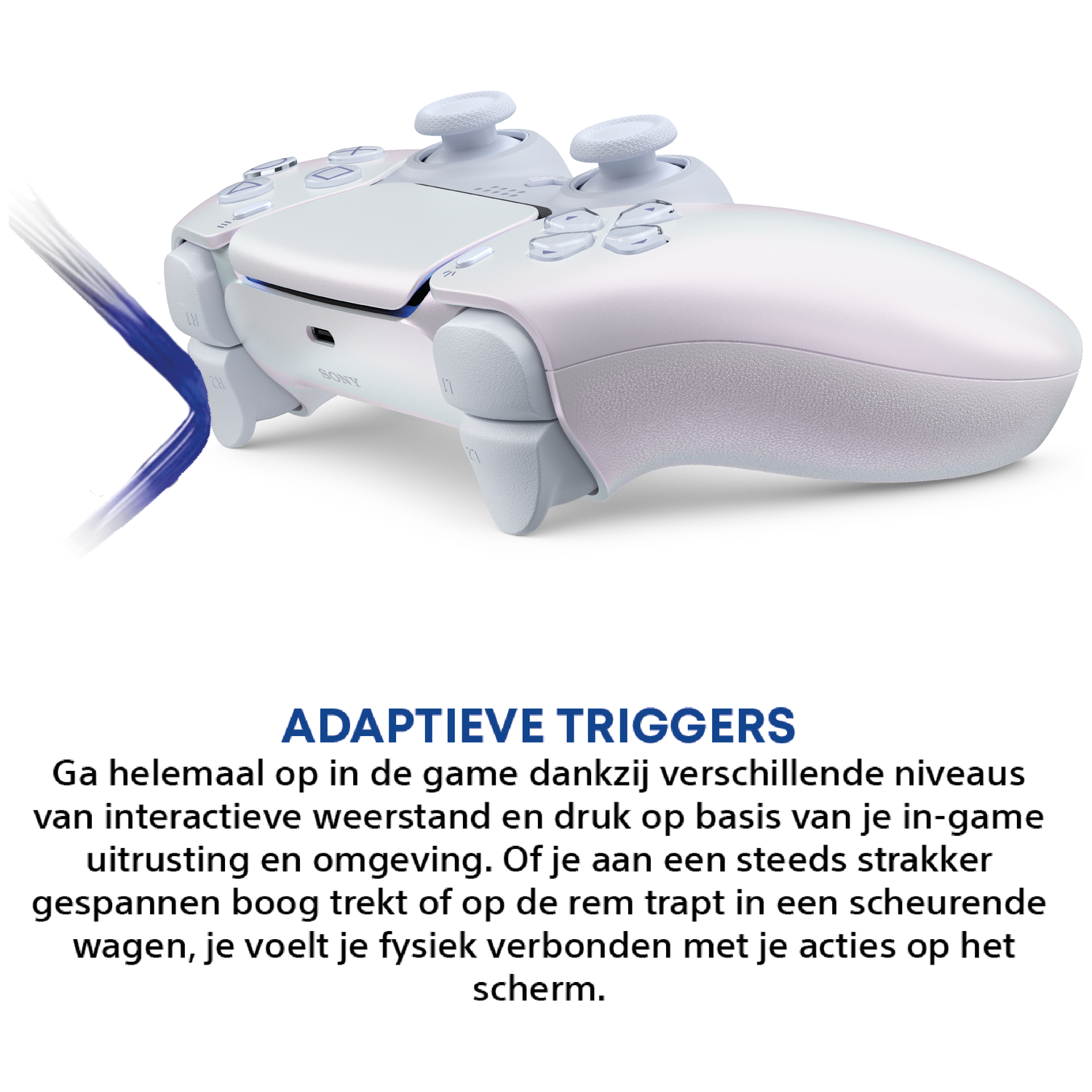 Een witte Sony PlayStation 5 controller met adaptieve triggers wordt getoond.