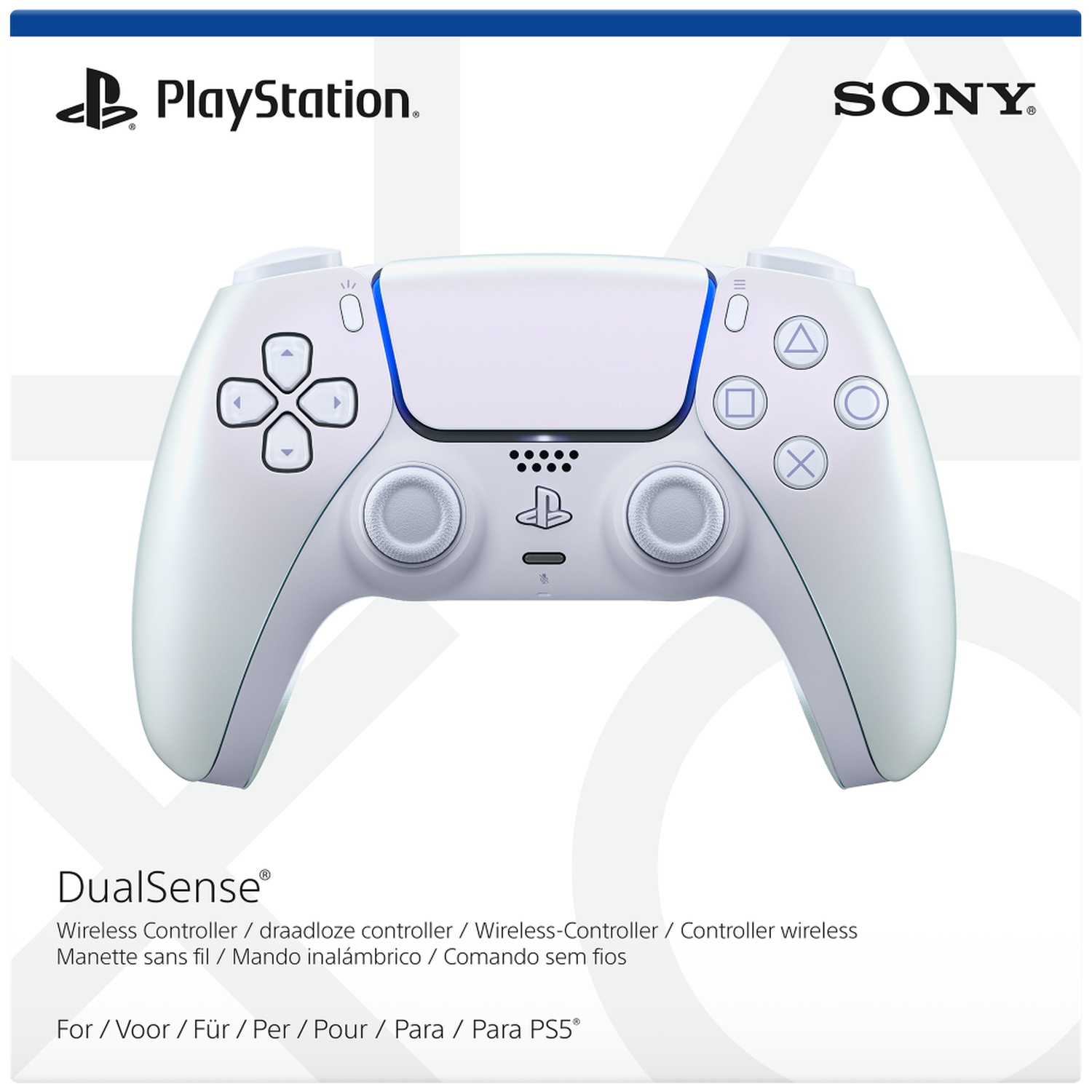 Een witte PlayStation DualSense controller met Sony-logo.
