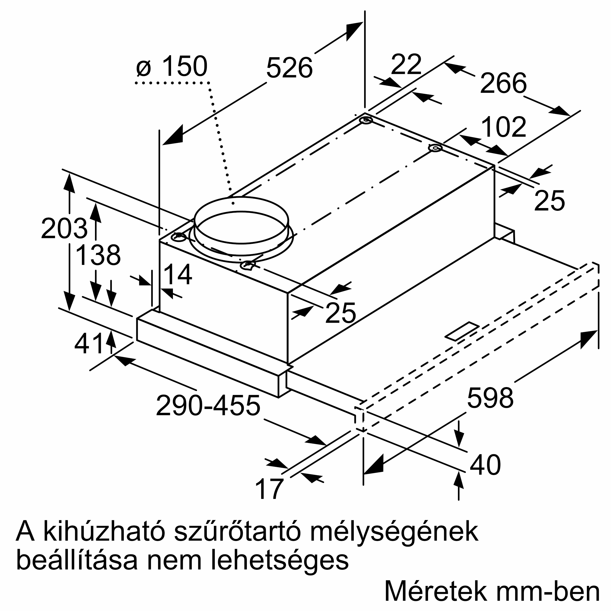 Műszaki rajz egy páraelszívóról mm-ben megadott méretekkel.