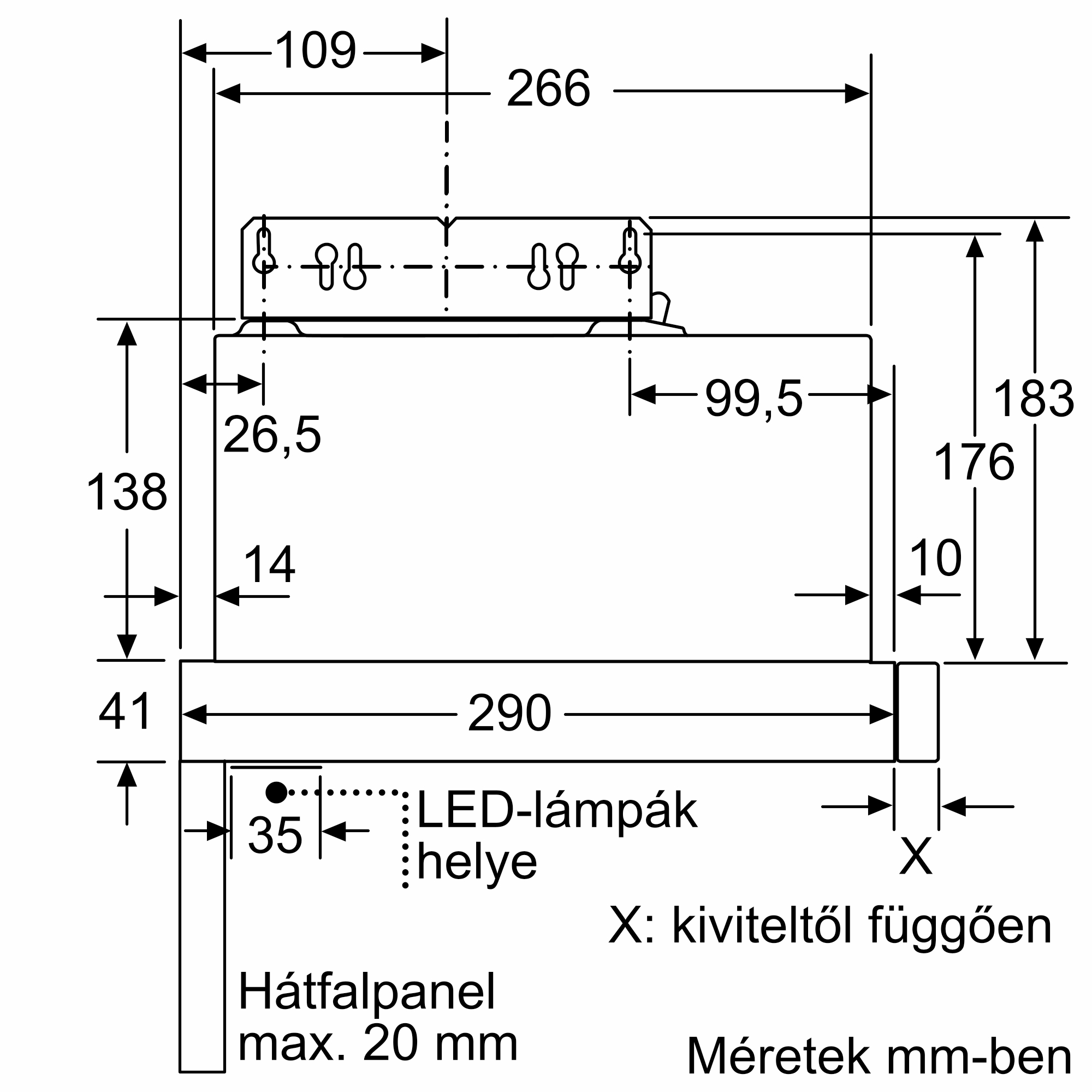 Műszaki rajz egy készülék méreteivel, LED lámpa jelöléssel.