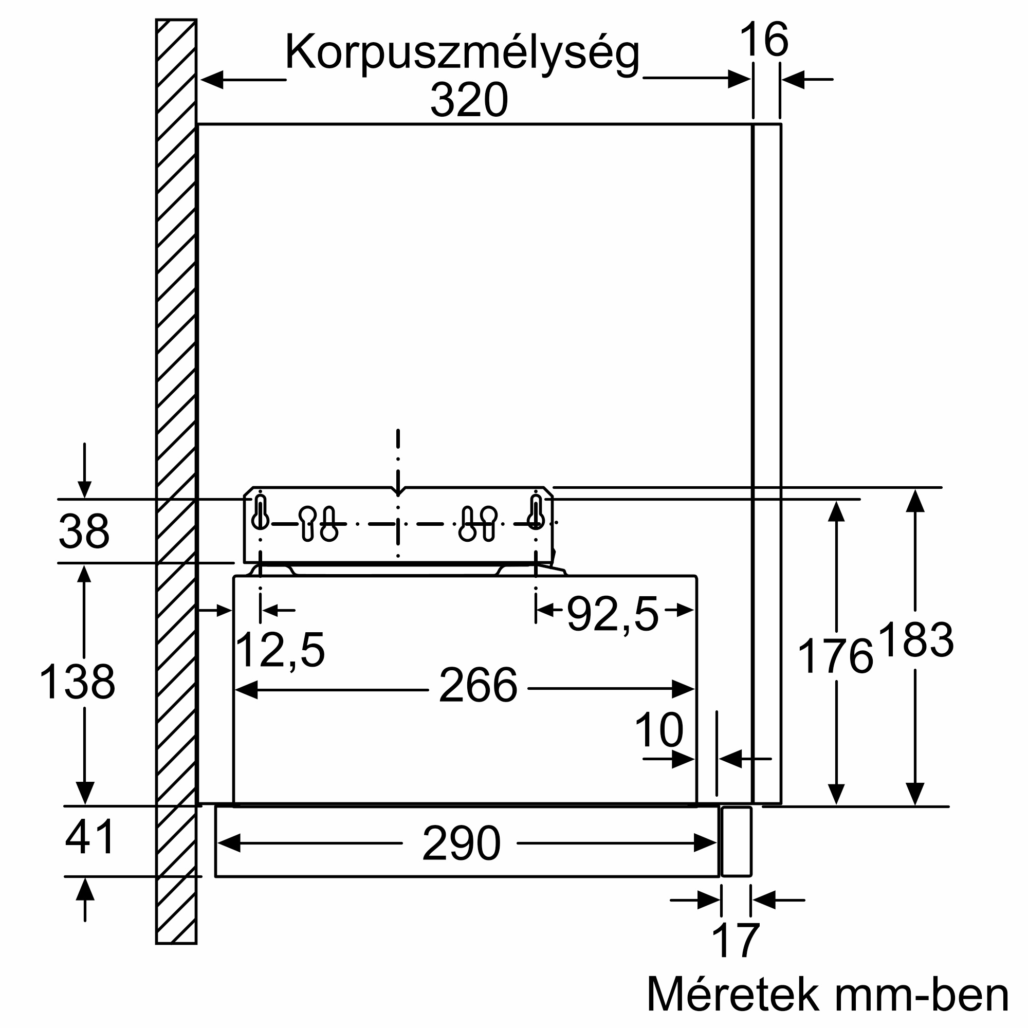 Műszaki rajz méretekkel, korpuszmélység 320 mm.