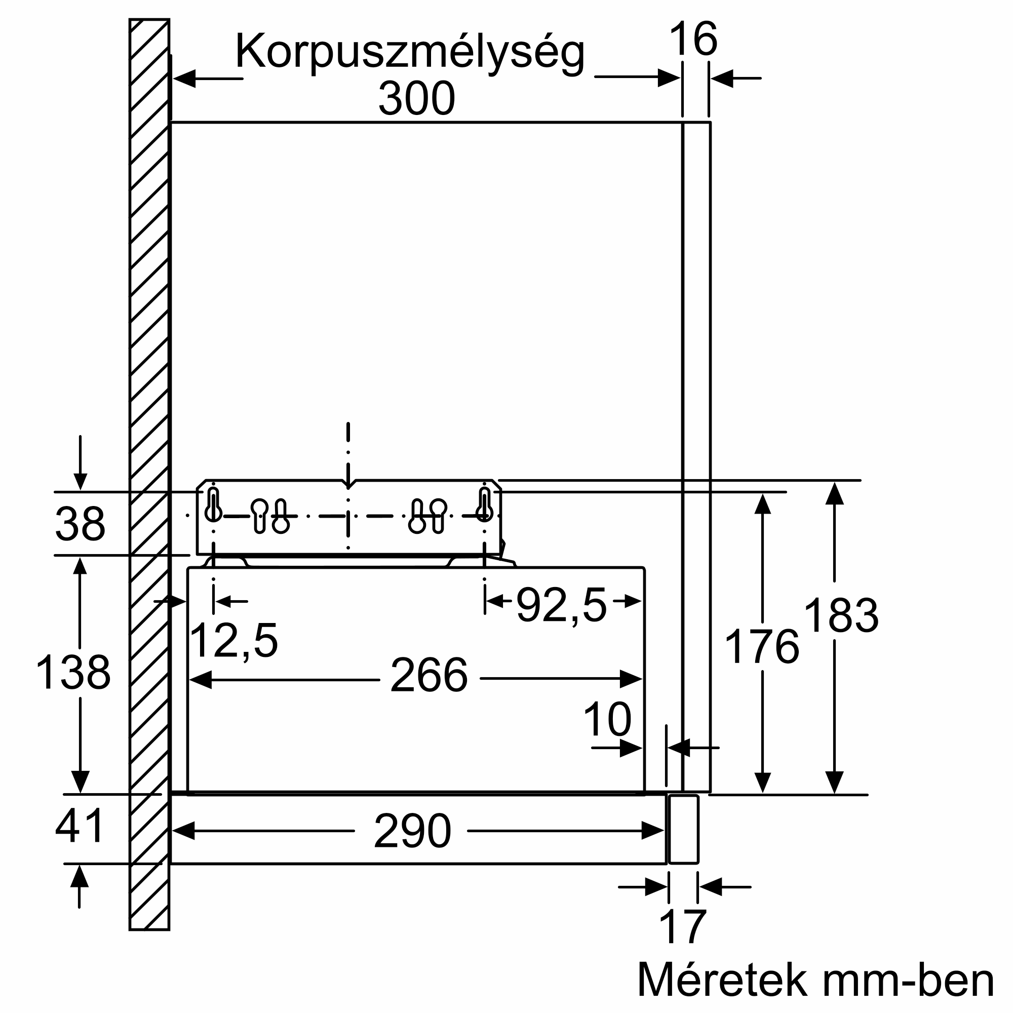 Műszaki rajz mm-ben méretezve. Korpuszmélység 300, különféle hosszmérésekkel.