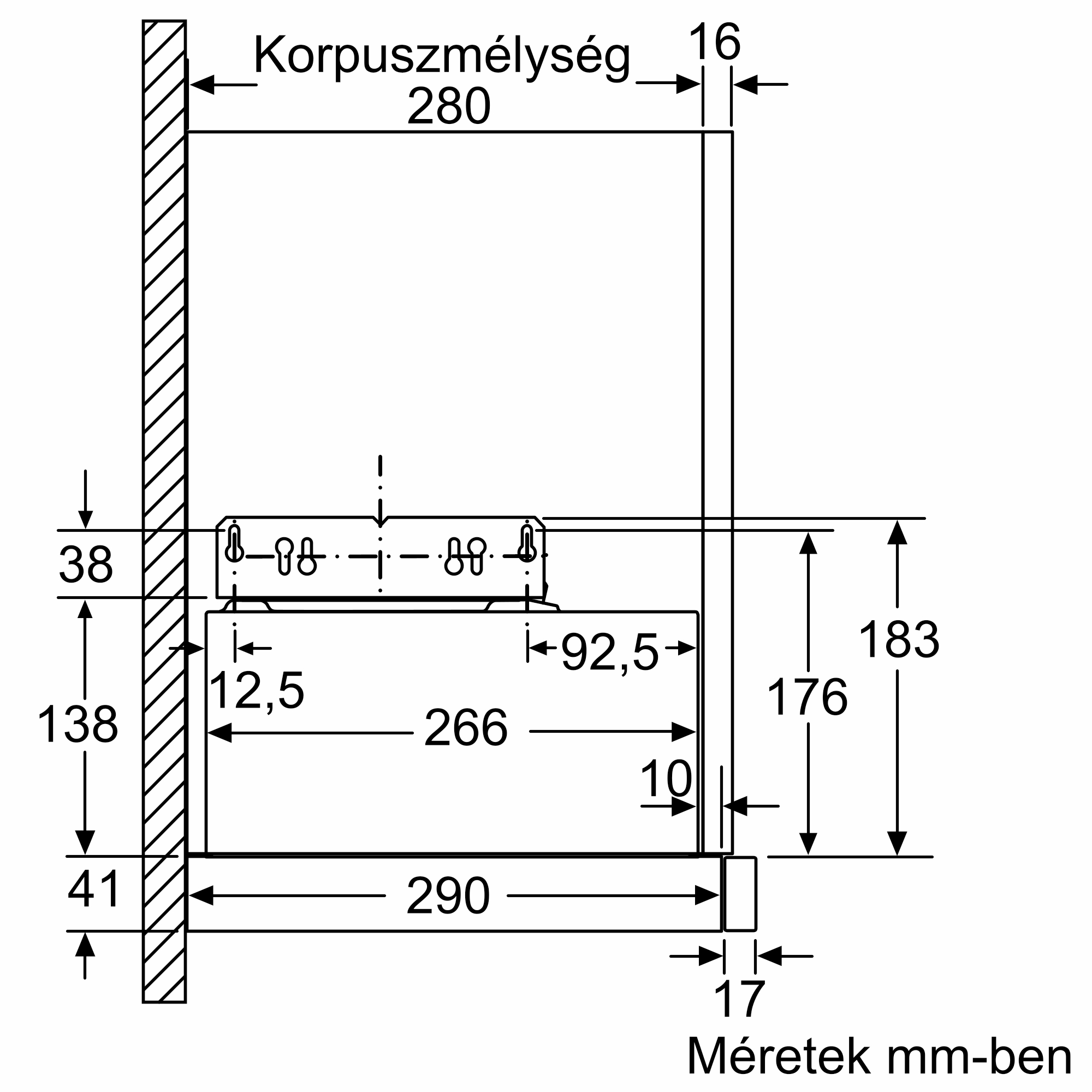 Műszaki rajz szekrényméretetekkel: 280 mm mélység, 183 mm magasság.