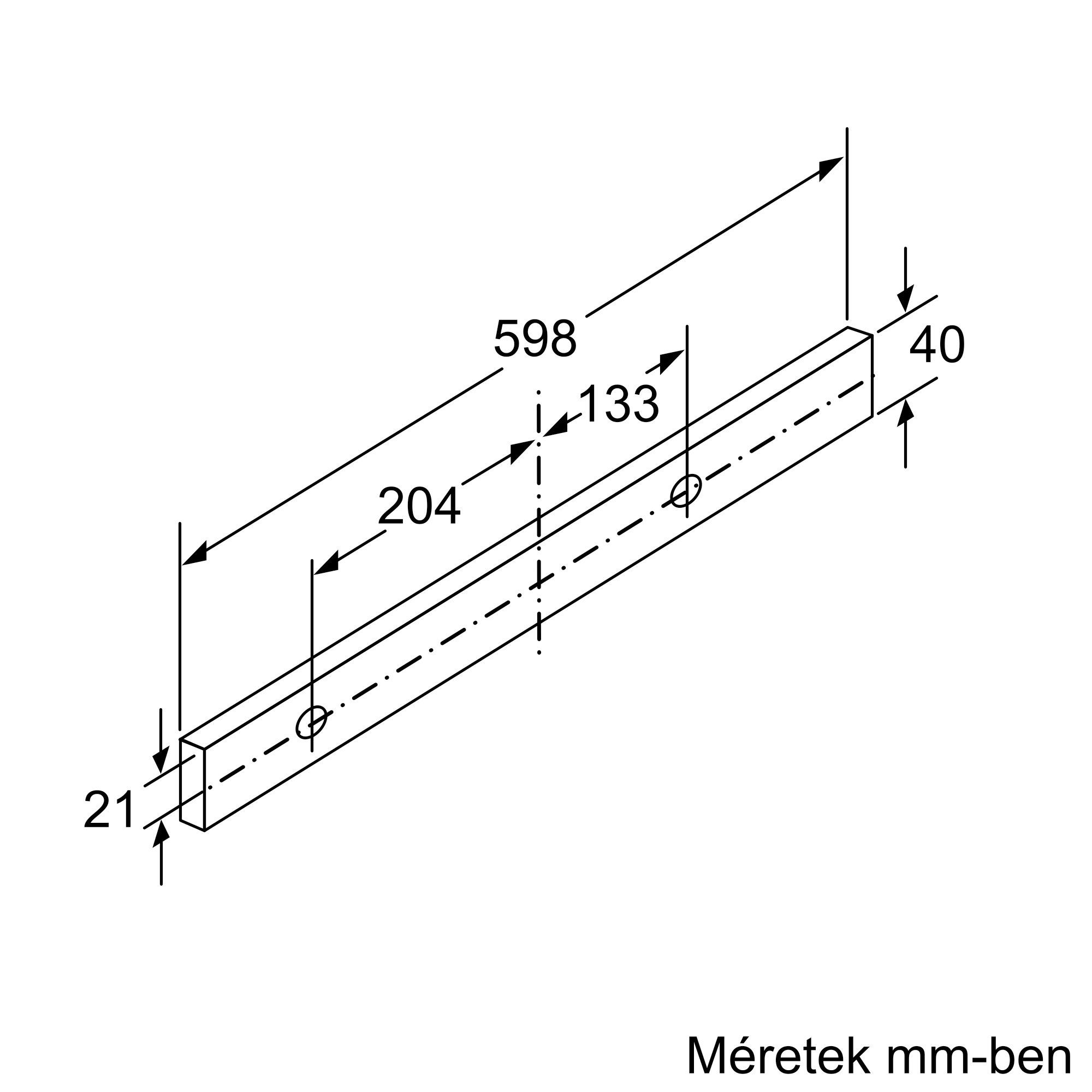 Téglalap keresztmetszetű profil műszaki rajza, méretei 598x40x21 mm, furatokkal.