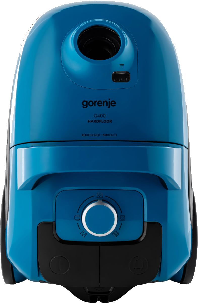Niebieski odkurzacz Gorenje G400 z czarnym panelem sterowania i pokrętłem.