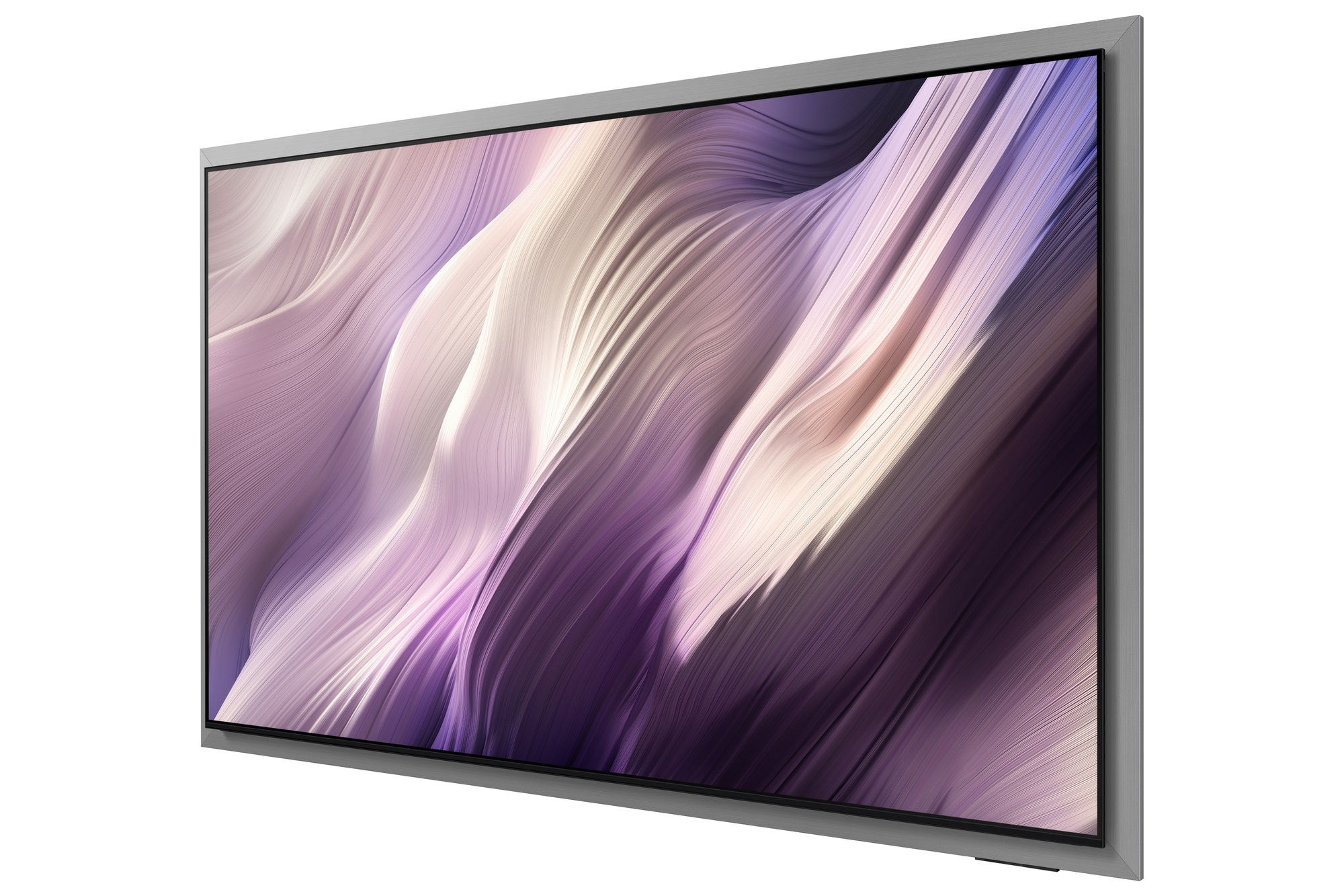 Un televisor moderno de pantalla plana con marco plateado, muestra patrones abstractos ondulados morados y crema.