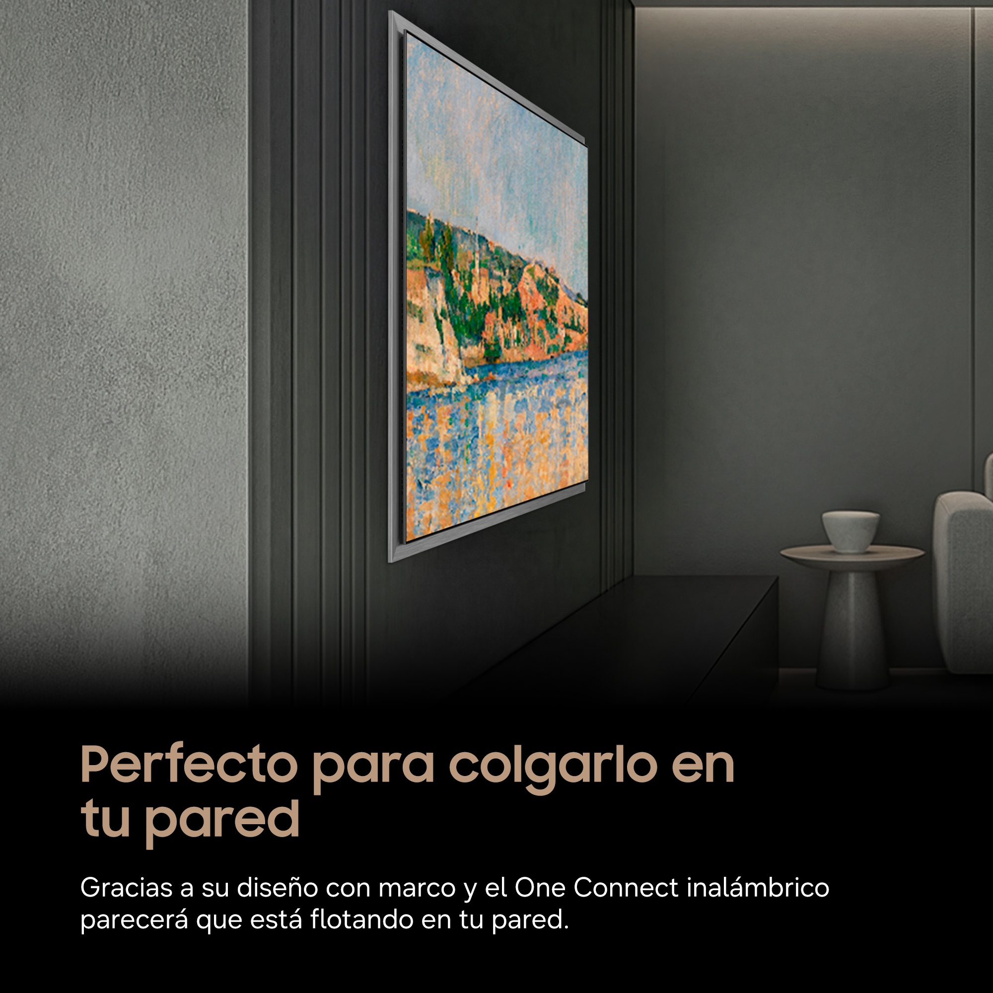 Un televisor moderno que muestra un cuadro al óleo sobre lienzo, montado en una pared.