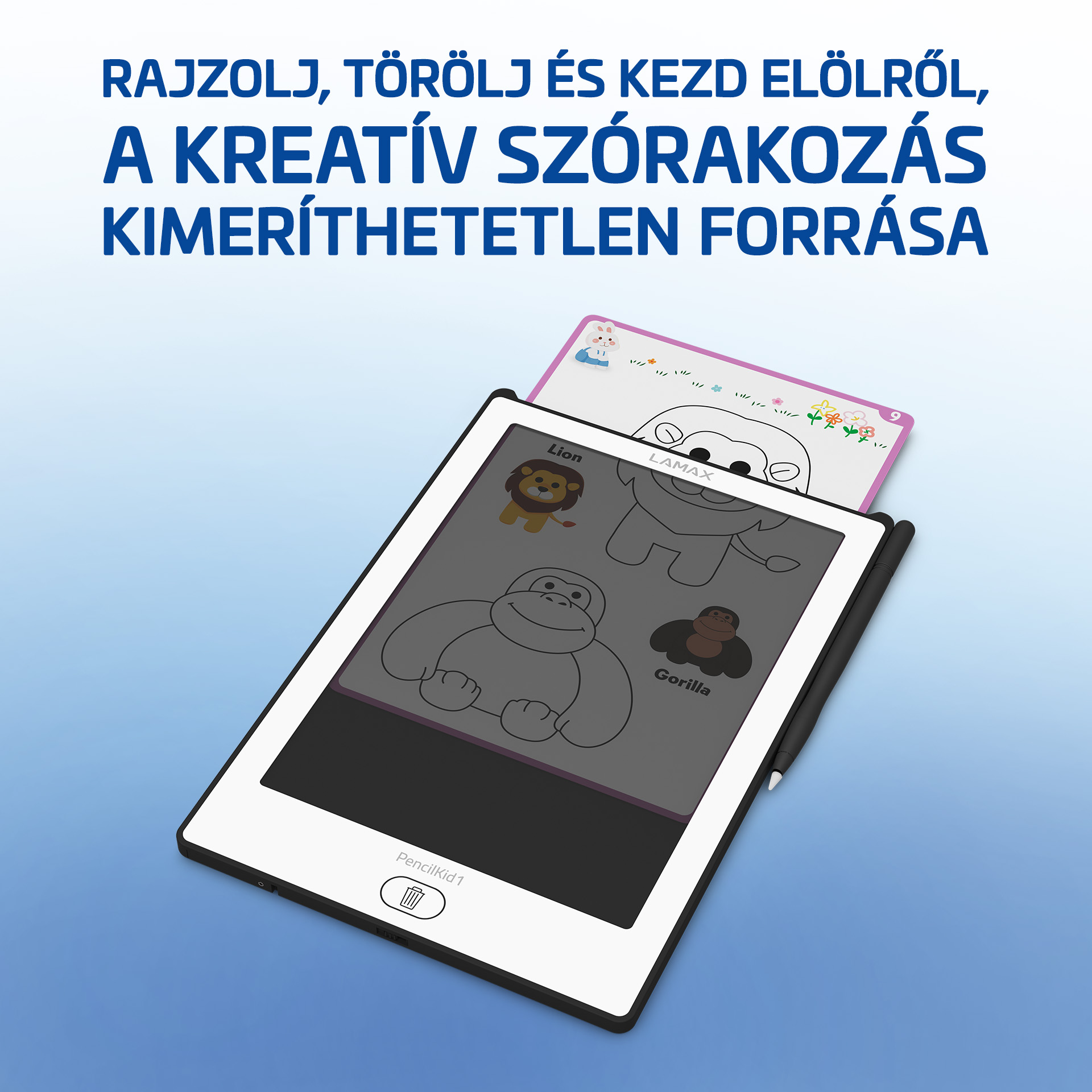 Egy táblagép oroszlánt és gorillát ábrázoló rajzokat mutat.