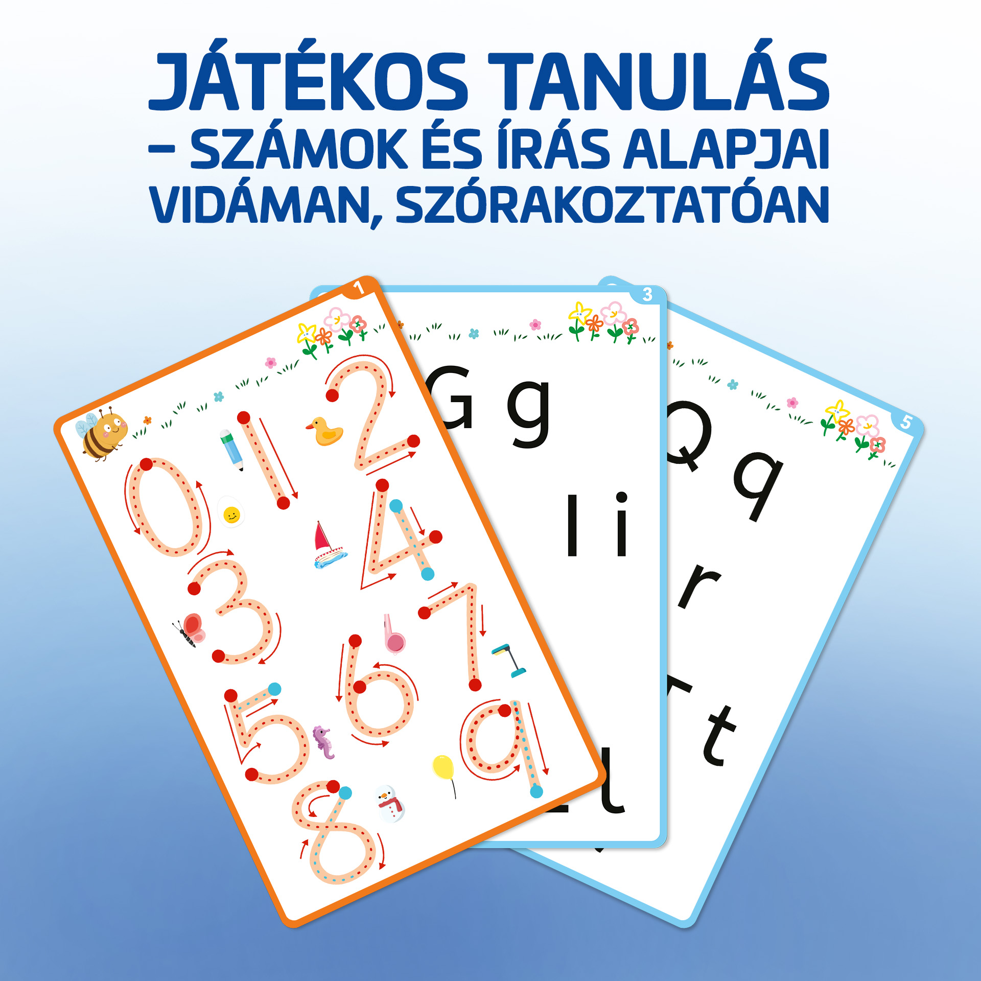Szám- és betűtanuló kártyák illusztrációkkal.