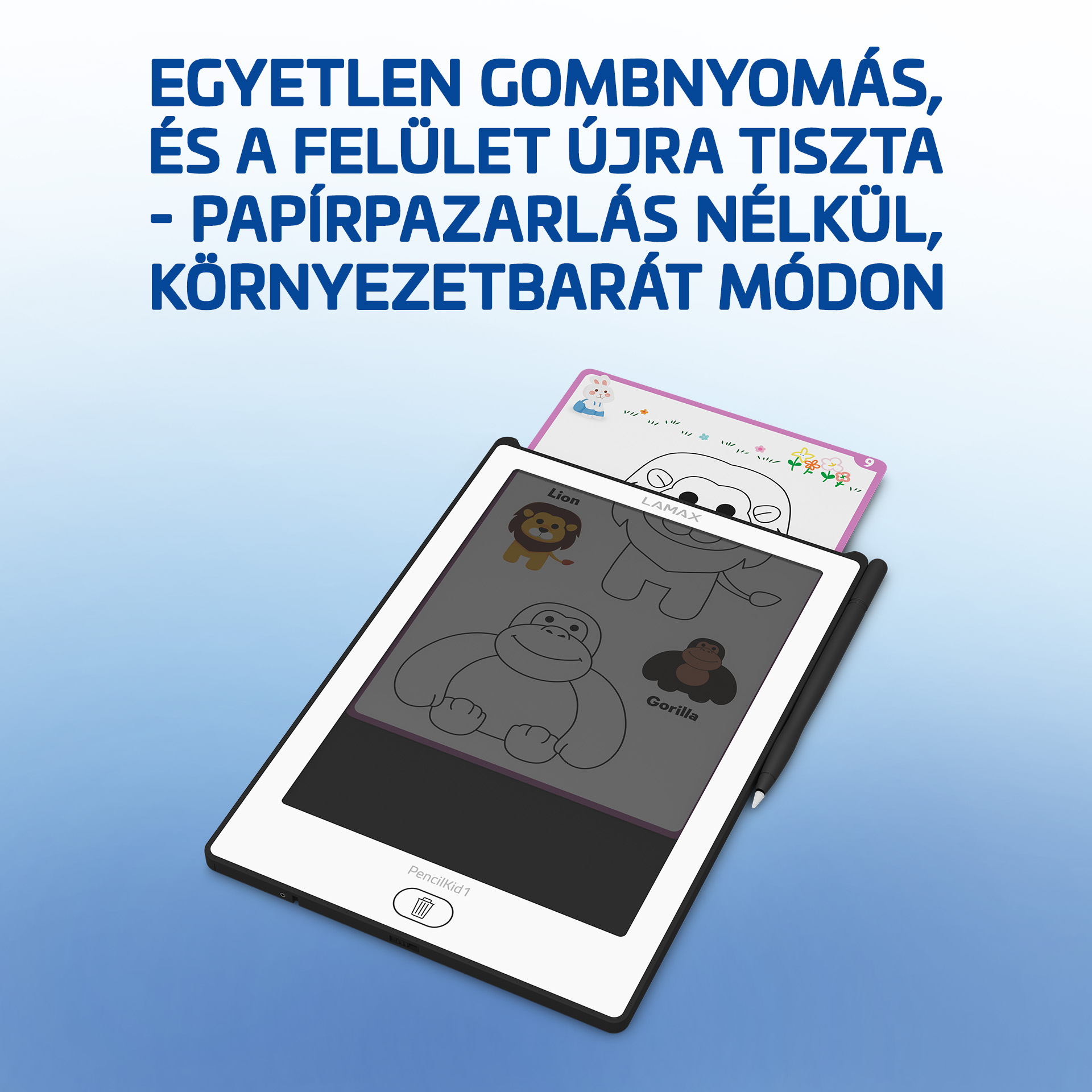 Digitális rajztábla állatrajzokat mutat: oroszlán és gorilla.