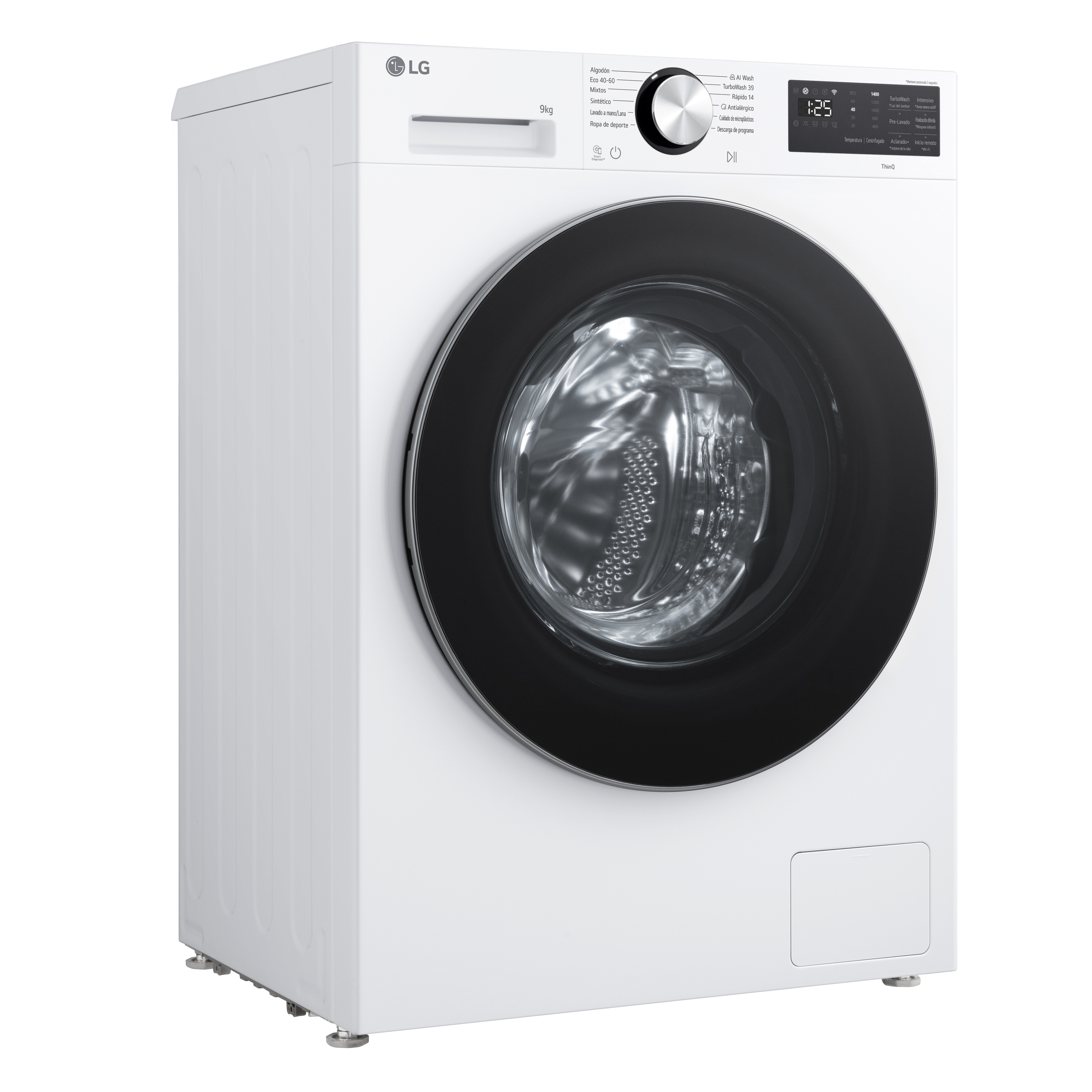 Lavadora LG blanca con puerta negra y pantalla digital. Capacidad de 9kg.