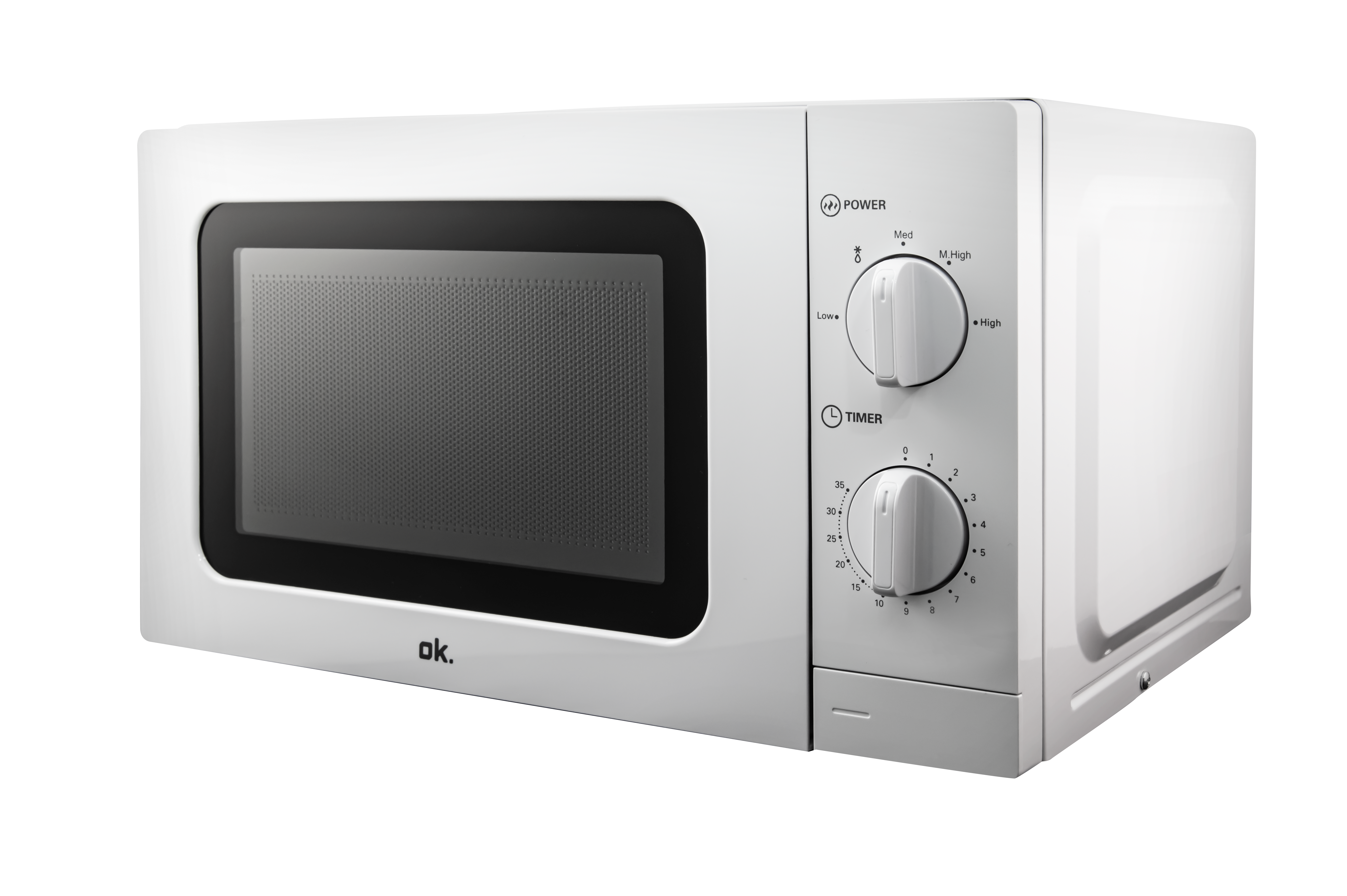 Un four à micro-ondes blanc de marque ok. avec minuterie et boutons de puissance.