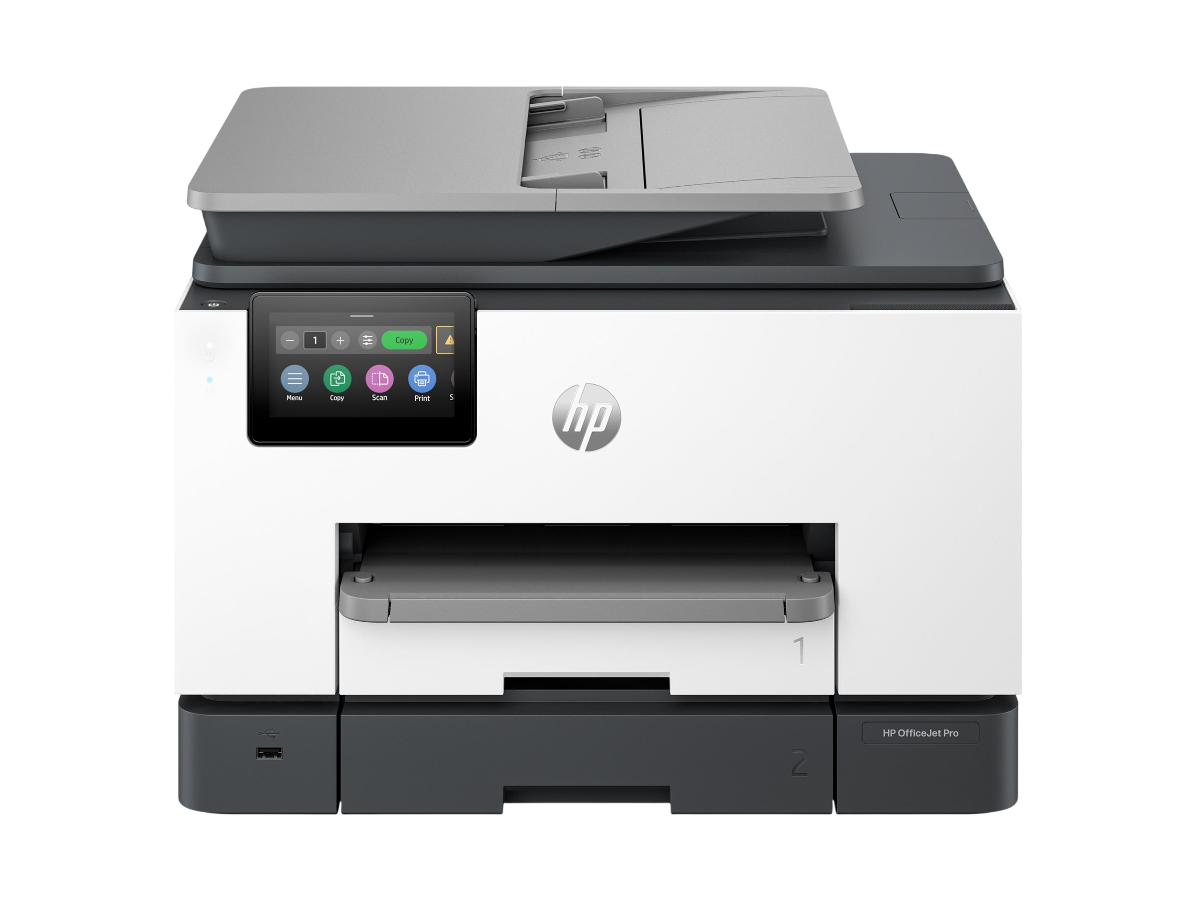 Ein weiß-grauer HP OfficeJet Pro Drucker mit Touchscreen-Display.