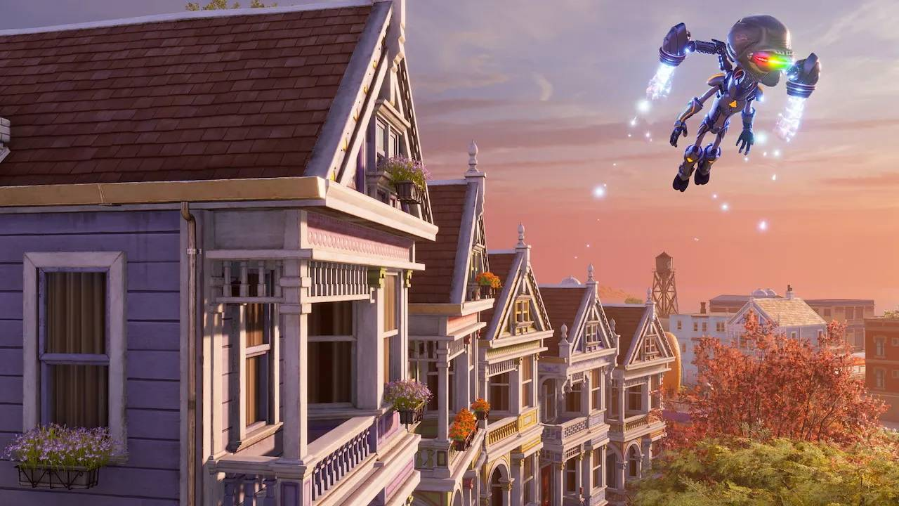 Un robot flota sobre casas victorianas al atardecer.