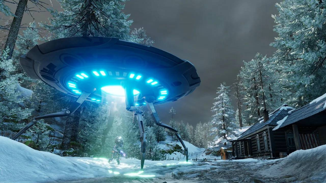 Una nave alienígena con luces azules aterriza en un bosque nevado junto a una casa.
