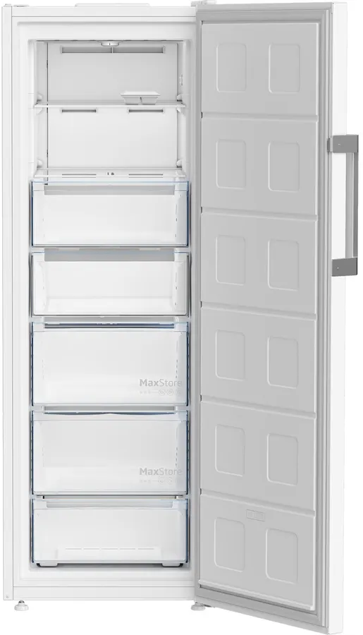 Un congélateur blanc ouvert avec cinq tiroirs et des compartiments de porte.
